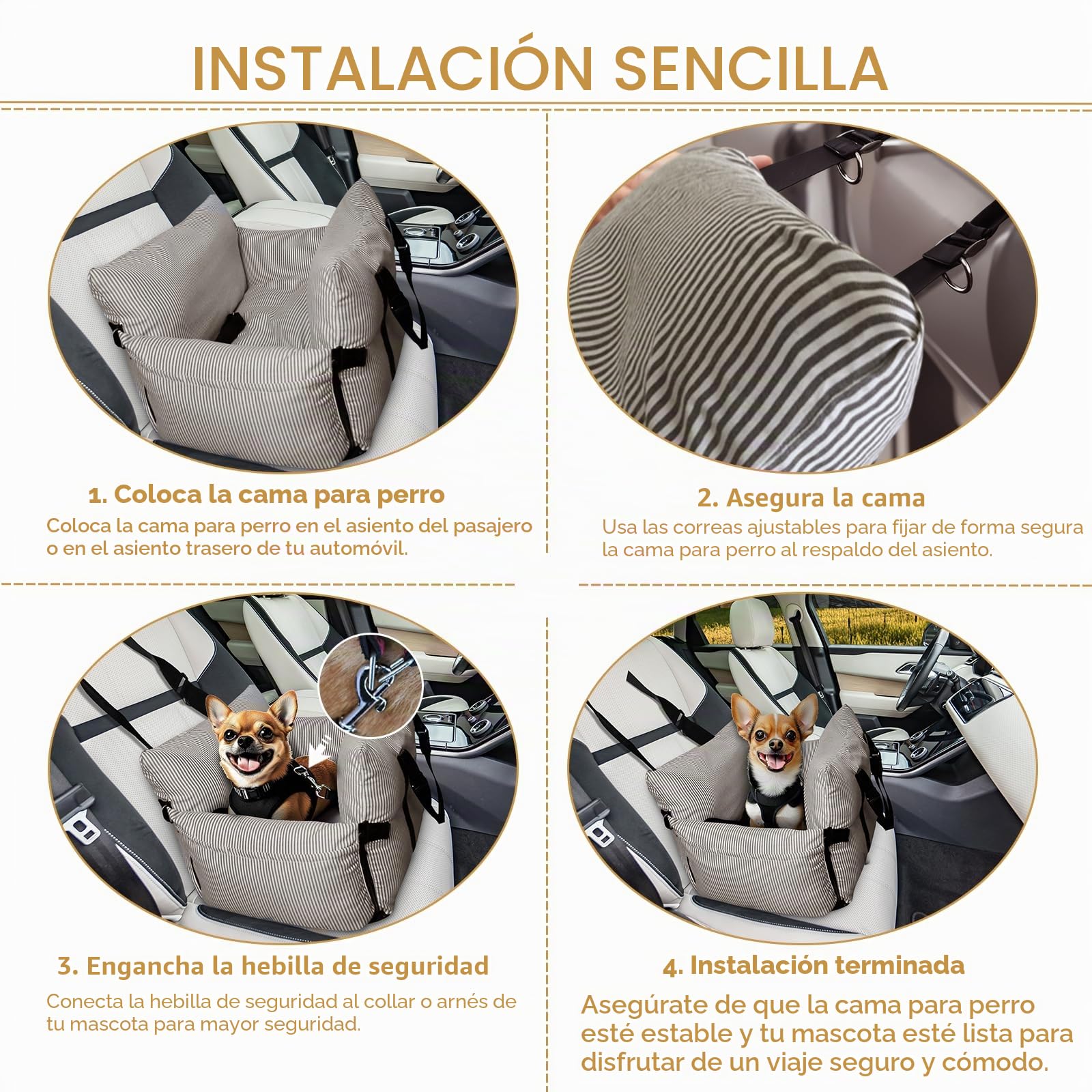 Asiento de coche para perros pequeños y medianos – Asiento elevado para mascotas con cinturón de seguridad, base antideslizante y bolsillos de almacenamiento para viajes en coche, 52 x 52 cm