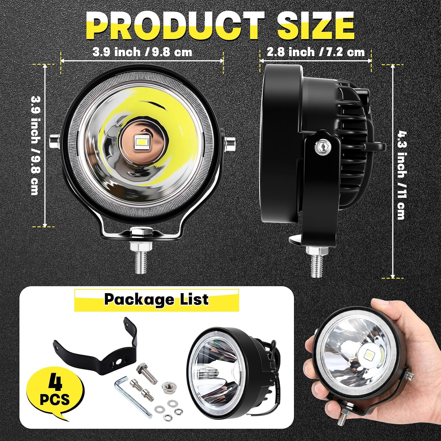 Copkim 4 Pack 4 Inch Round LED Lights 60W DC 12-48V LED Off Road Driving Fog Lights Waterproof Adjustable Mount Car Spotlight for ATV UTV SUV Pickup Motorcycle Truck Car Boat(White)
