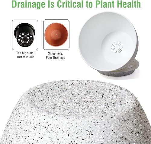 Miniatura 5 de Macetas modernas grandes de plástico con agujeros de drenaje y platillos para plantas de interior y exterior, flores, manchas blancas