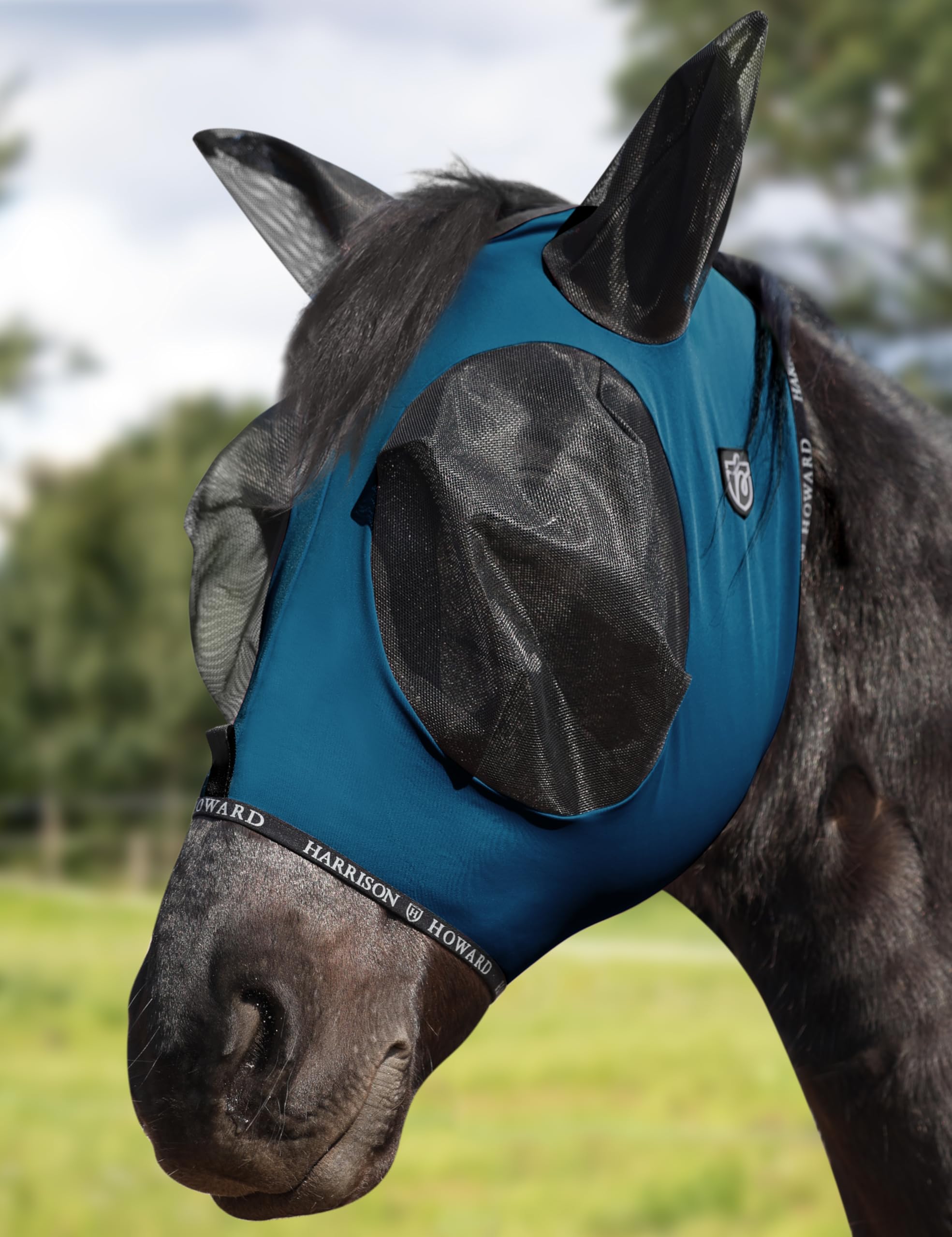 Harrison Howard Maschera antimosche per cavalli con apertura Forelock, traspirante, protezione UV, blu pavone, M