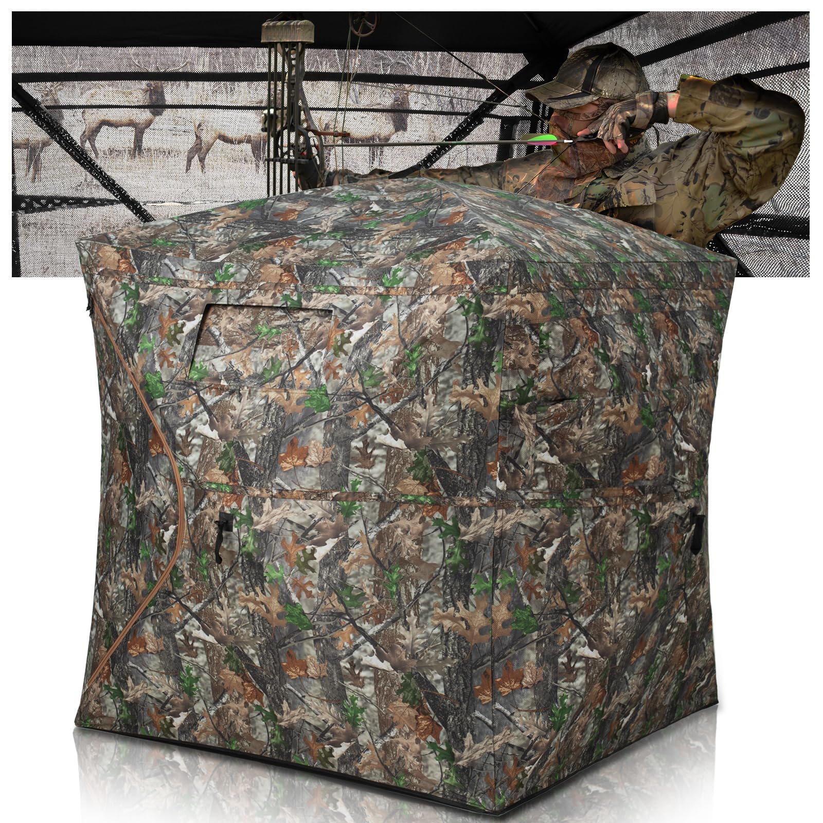 HUNTSEN Hunting Blind 270° See Through 2-4 Person Ground Blind Pop Up Hunting Tent with Carring Bag - Portable Durable for Turkey and Deer Hunting
