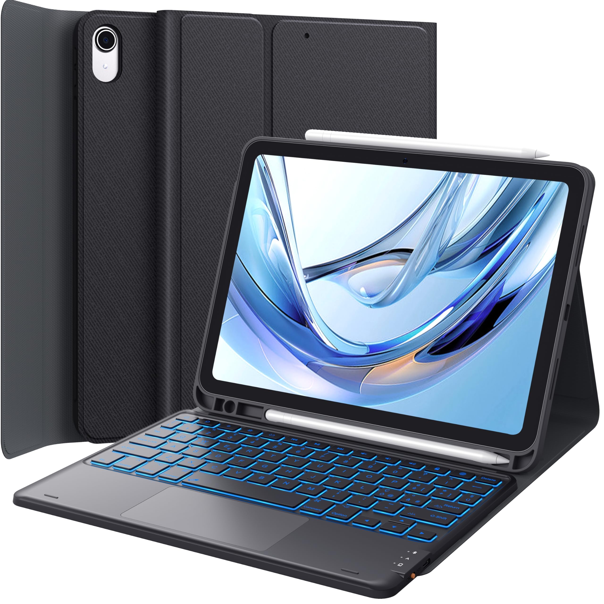 CHESONA Custodia con Tastiera per iPad 11ª gen. (A16, 2025)/10ª gen.(2022) | Touchpad Intelligente, Retroilluminazione a 7 Colori, 2 Canali BT, Magnetica Italiano QWERTY, Nero