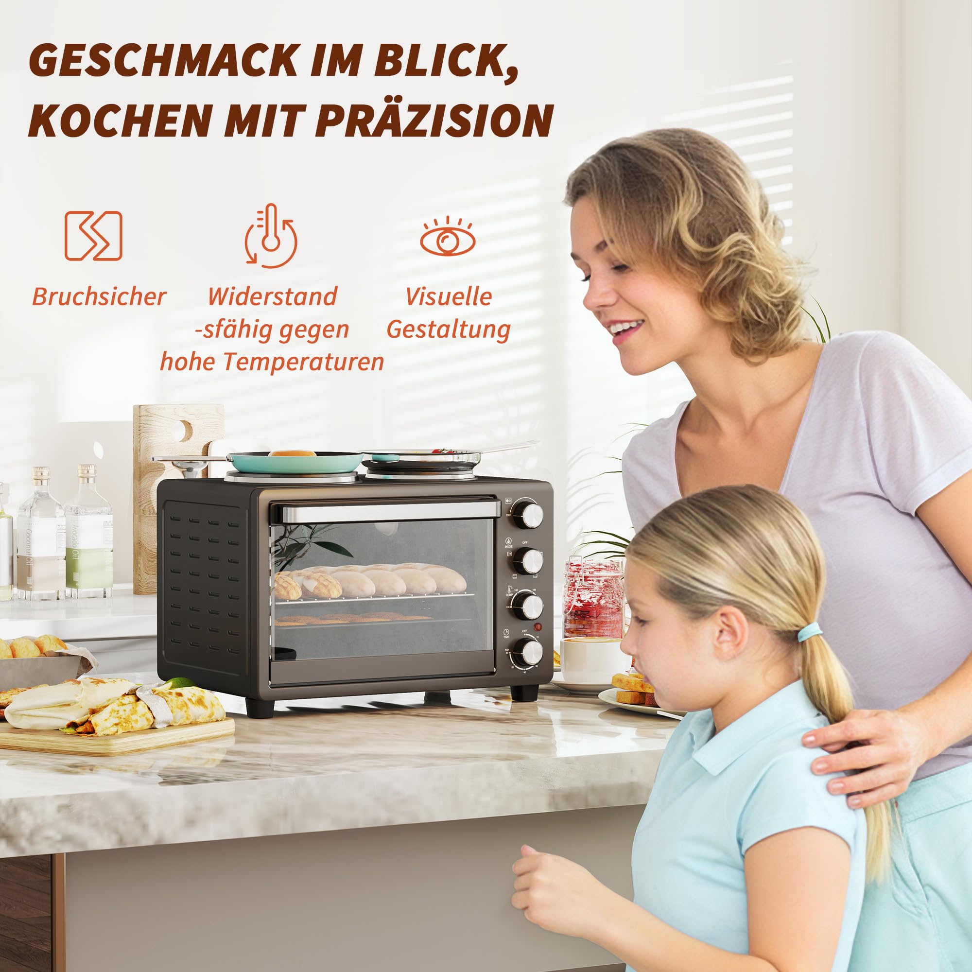 HOMCOM Minibackofen 28 L 2600W 100-230℃ Pizzaofen mit 60 Min. Timer, Grillrost 2 Kochplatten, Backblech, Mini Backofen mit Tablettgriff, Krümelblech, Schwarz