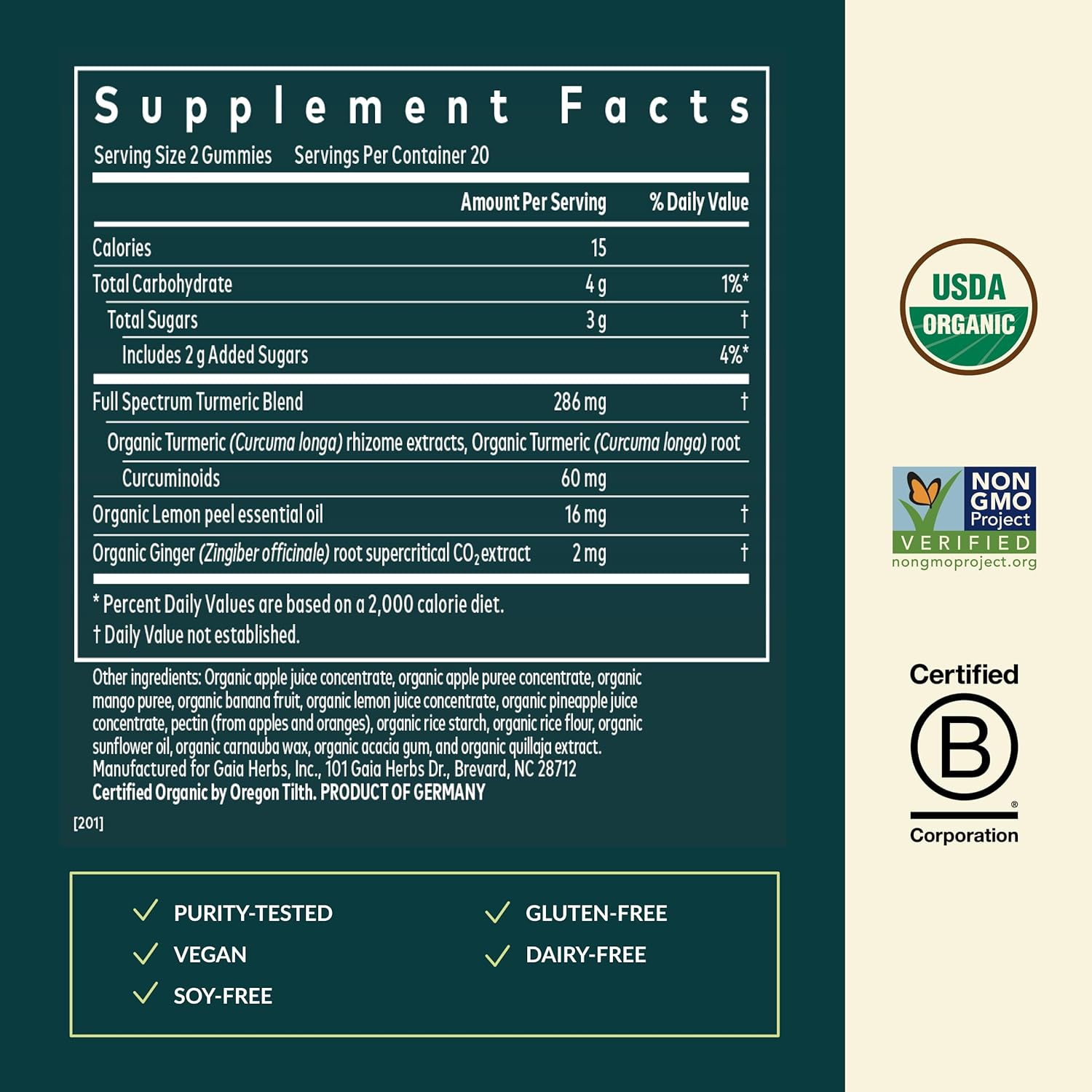 Gaia Herbs Turmeric Supreme Adult Daily Gummies-Daily Swelling Support for Healthy, Active Life-USDA Certified Organic Blend of Turmeric and Supportive Herbs-40 Gummies(20-Day Supply) - Image 3