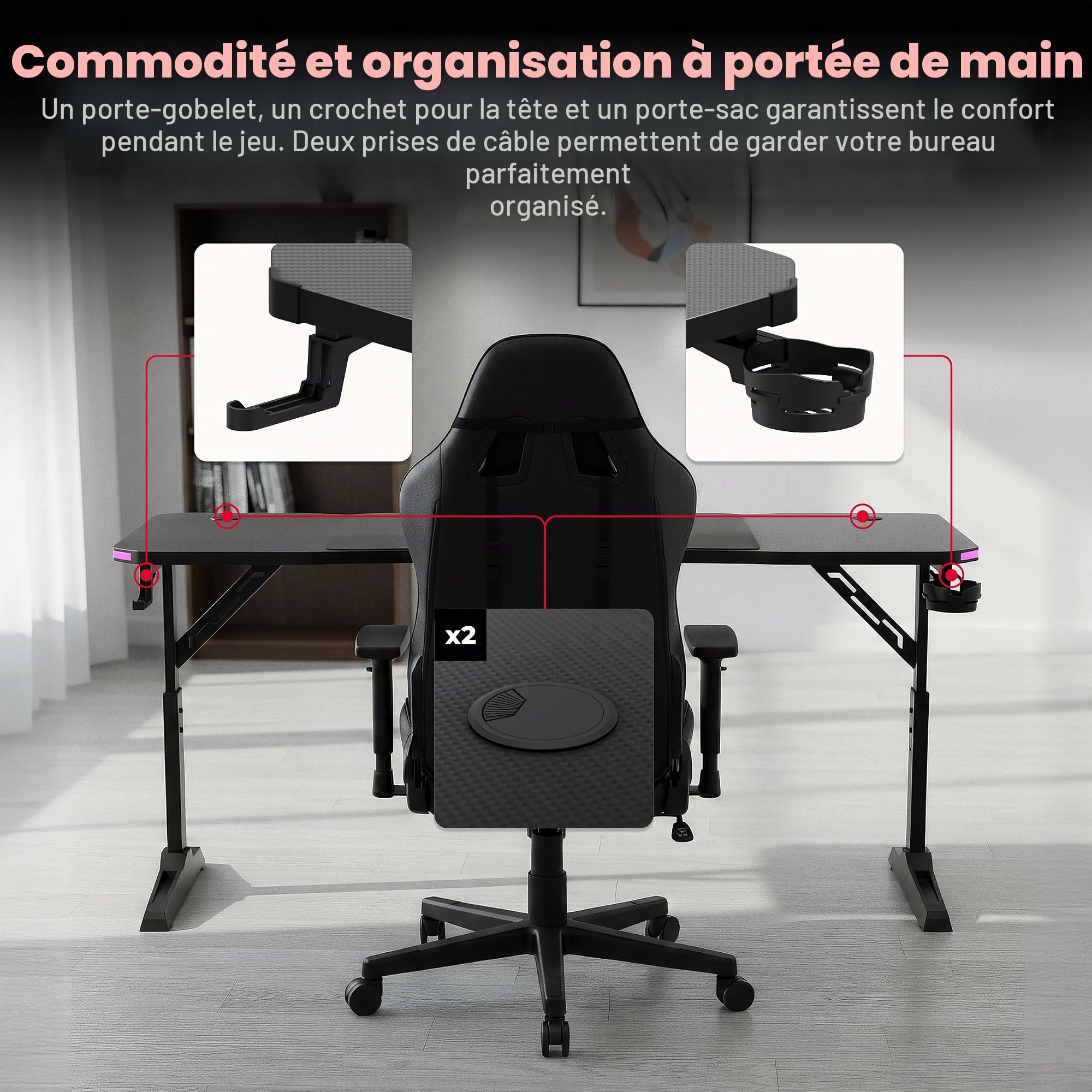 huzaro Hero 4.6 RVB Bureau Gaming réglable en Hauteur, Gestion des câbles