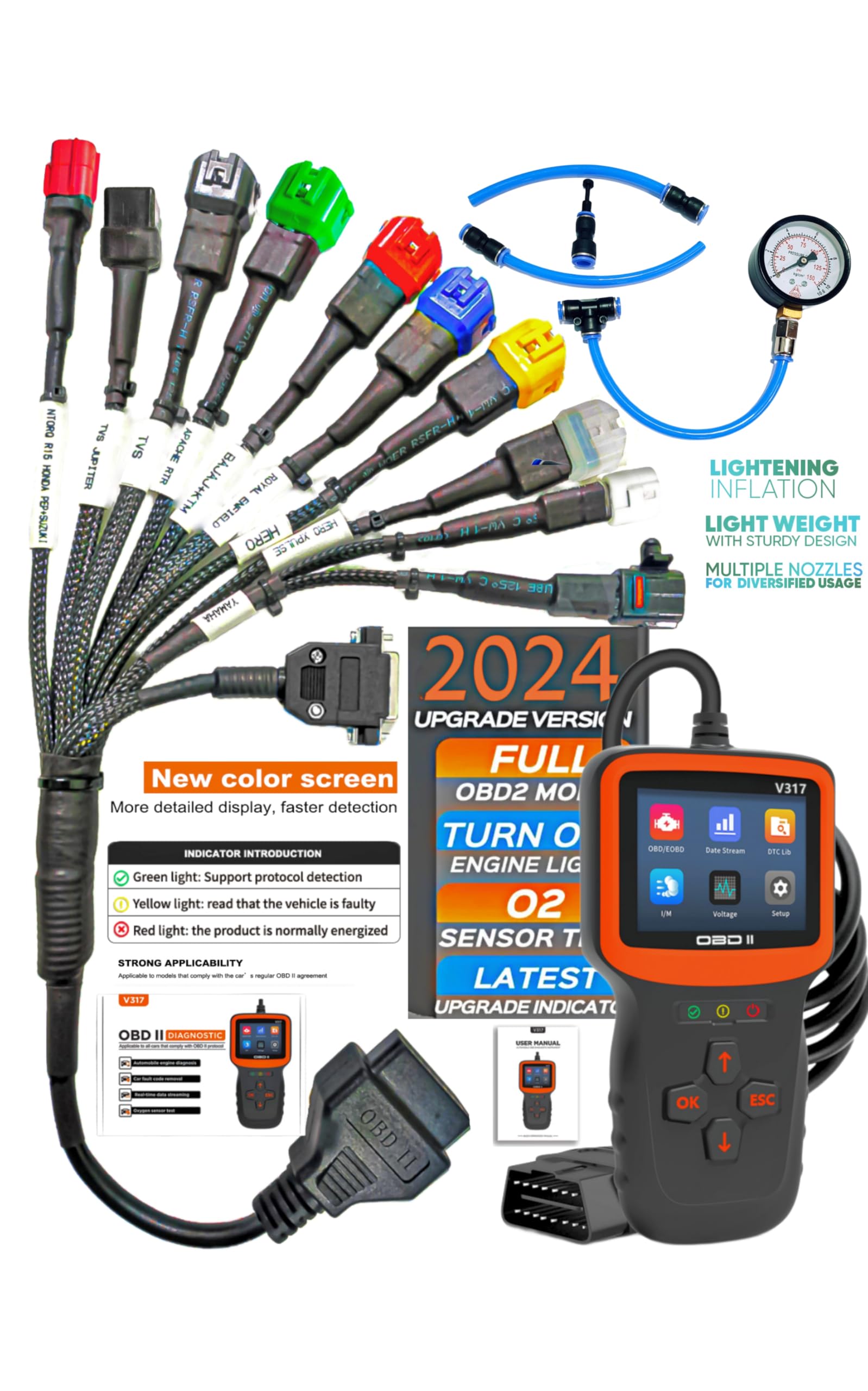 Danlite V317 obd2 Scanner for Bike BS6-BS7 + 11 Coplar Cable + Fuel Pressure Gage