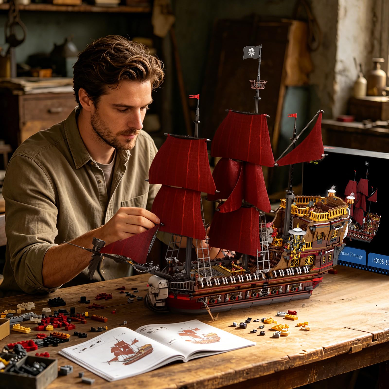 JMBricklayer Piraten Schiffe Klemmbausteine, Queen Anne's Revenge Piratenschiff Bauspielzeug Modell für Erwachsene, Büro Hause Sammler Dekorationsstück Bausteine, Geschenk Für Jugendliche 14+