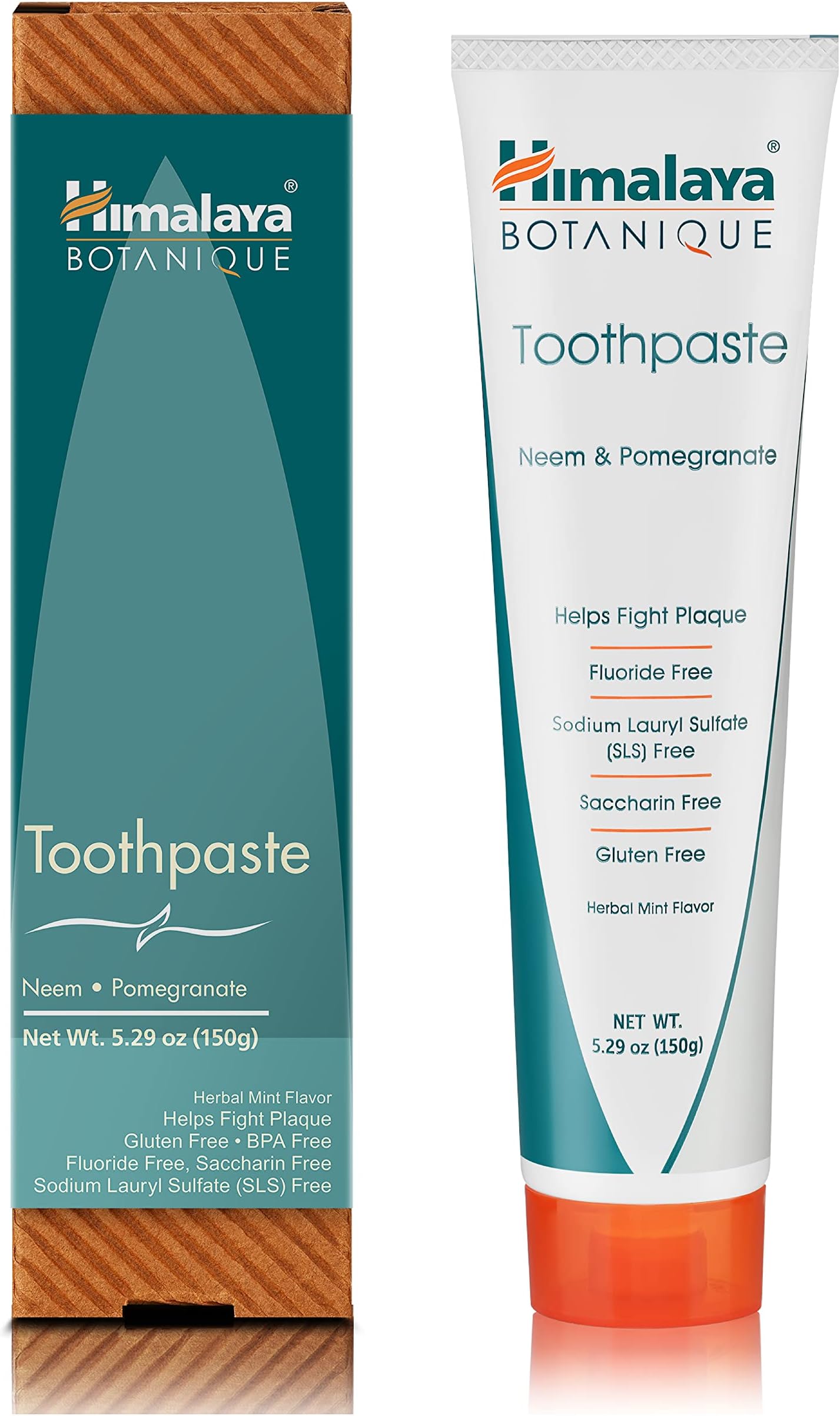 Himalaya Botanique Neem & Pomegranate Toothpaste, Mint Flavor - Fluoride Free Toothpaste Fights Plaque & for Fresh Breath - Vegan, Gluten Free, No SLS, No Artificial Flavors or Colors, 5.29 oz