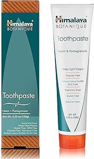 Himalaya Botanique Neem & Pomegranate Toothpaste, Mint Flavor - Fluoride Free Toothpaste Fights Plaque & for Fresh Breath - Vegan, Gluten Free, No SLS, No Artificial Flavors or Colors, 5.29 oz