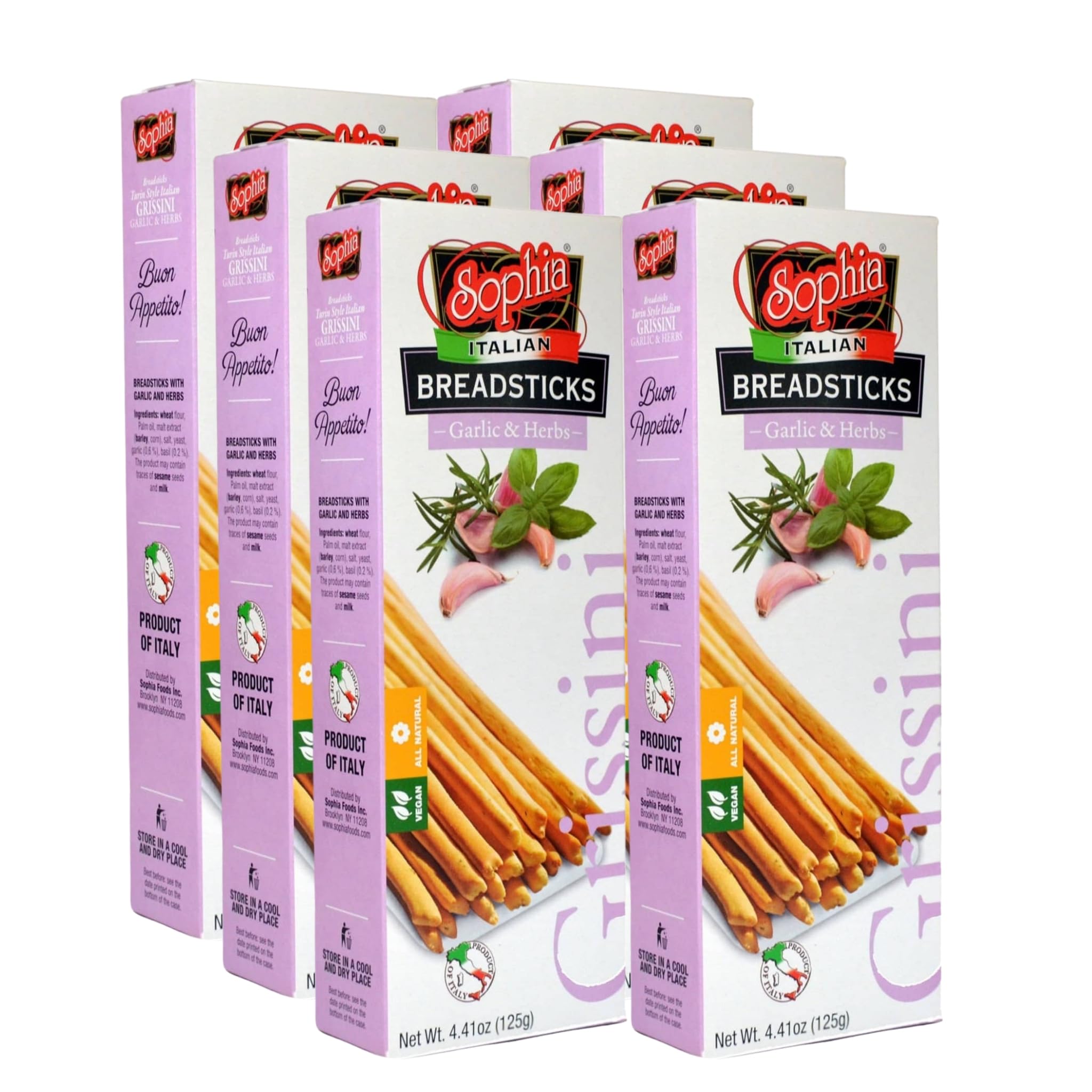 Sophia Italian Bread Sticks “Grissini” - Garlic 4.4oz (6-pack) | Crisp Garlic Breadsticks | Authentic Italian Snacks & Bread Bakery Treats | Grissini