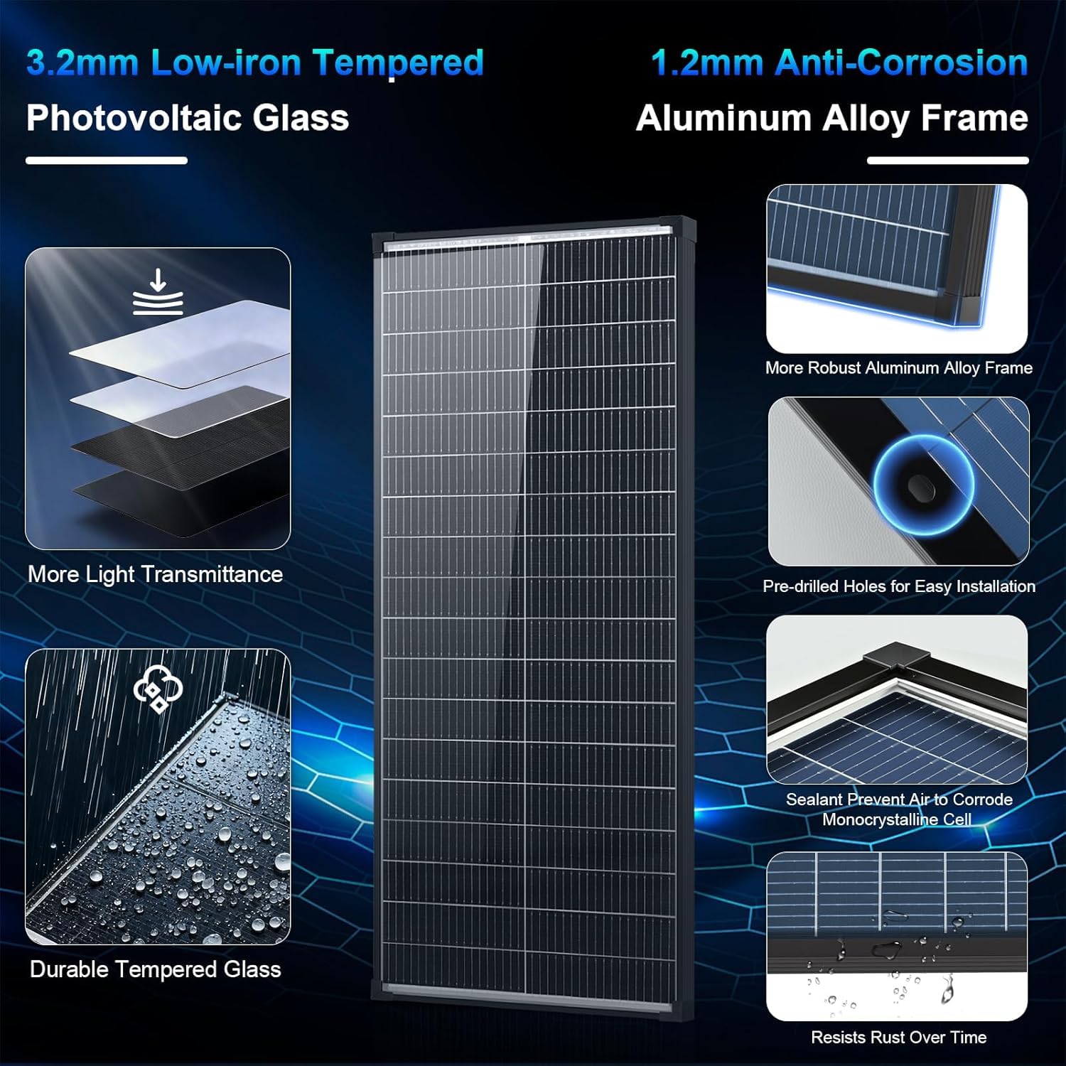 Panneau solaire 100W bifacial 12V, 18BB A+ module solaire monocristalline type N, 25% haute efficacité, IP68, 18V pour 12V Batterie toit camping-car ferme marine hors réseau domestique(101x46cm)