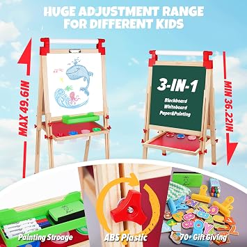 JOYOOSS Kids Wooden Easel with Paper Roll - Adjustable Magnetic Double Sided Drawing Board Whiteboard & Chalkboard Dry Easel Board,Children Art Easel for 3~12 Years Kids Boys Girls Painting Drawing