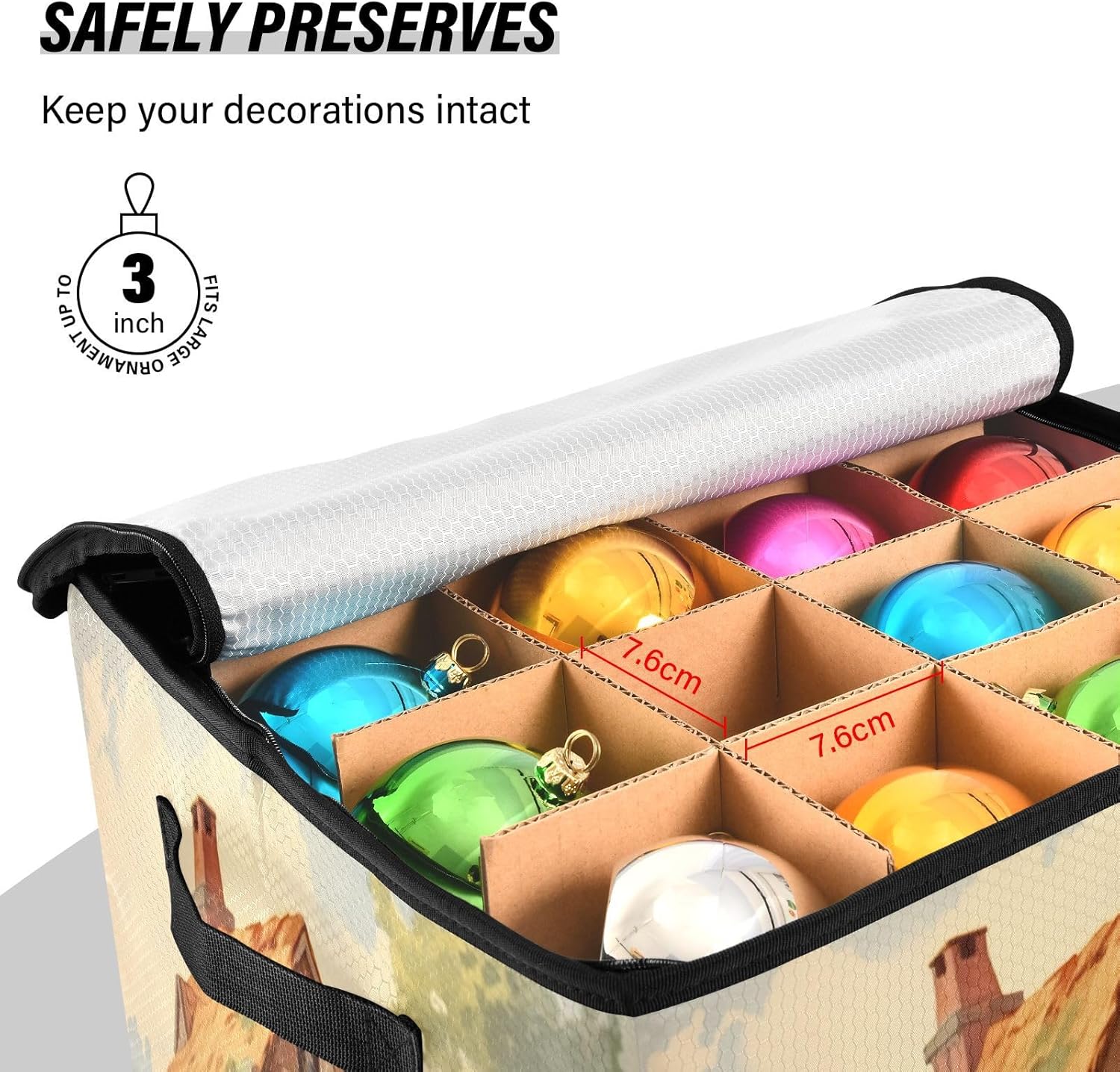 Farm Chickens 13 Inch Christmas Ornament Storage Box with Lid - Holiday Decor Storage Containers, Stores 64 Ornaments, 3 Inch Cube Compartments
