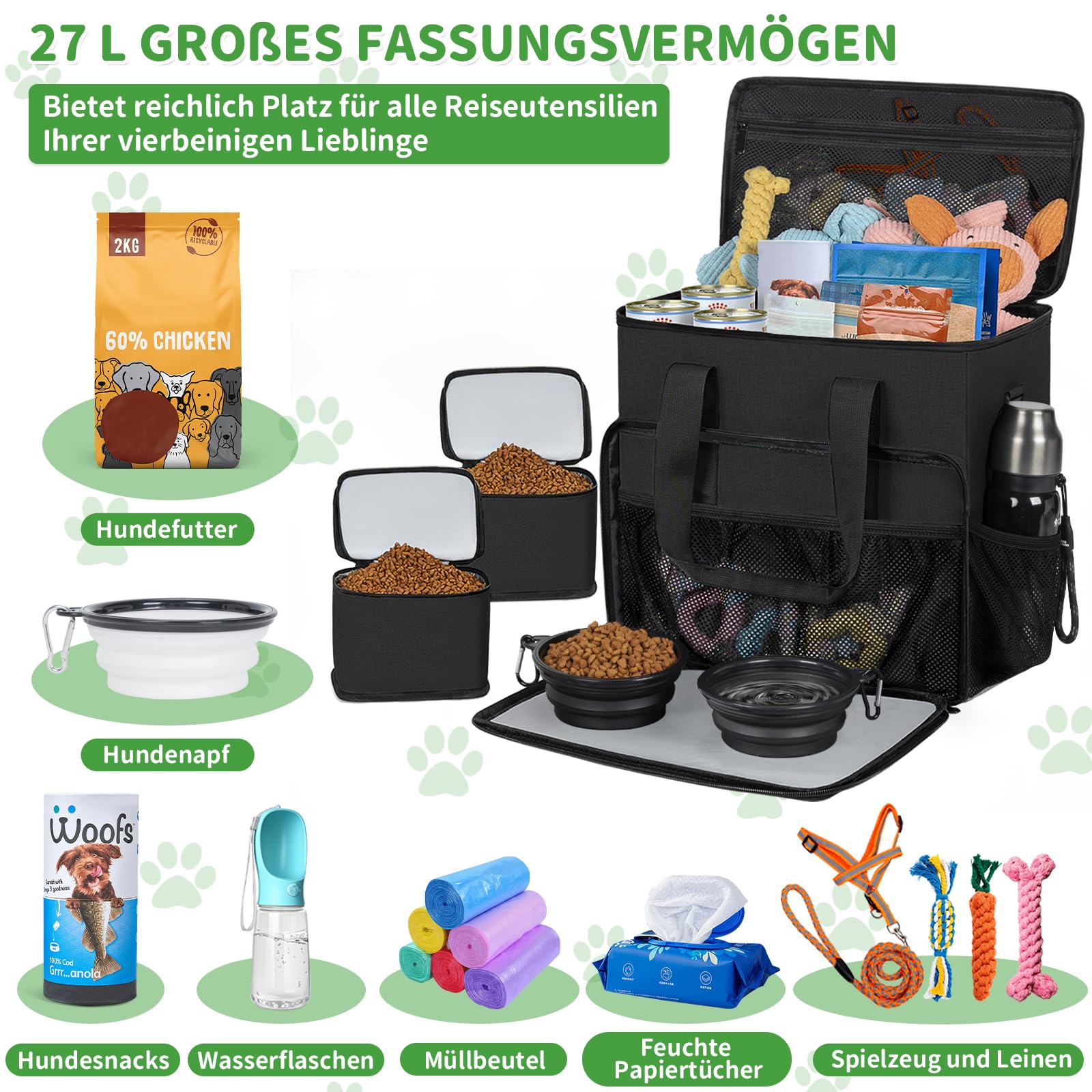 OUUTMEE Ldeal Sac à friandises pour chien avec bandoulière - 25 l - Pour les excursions de week-end - Noir