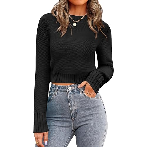 Zeagoo Women's 2025 Fall Crewneck Cropped Sweater Trendy Long Sleeve Ribbed Knit Pullover Jumper Tops