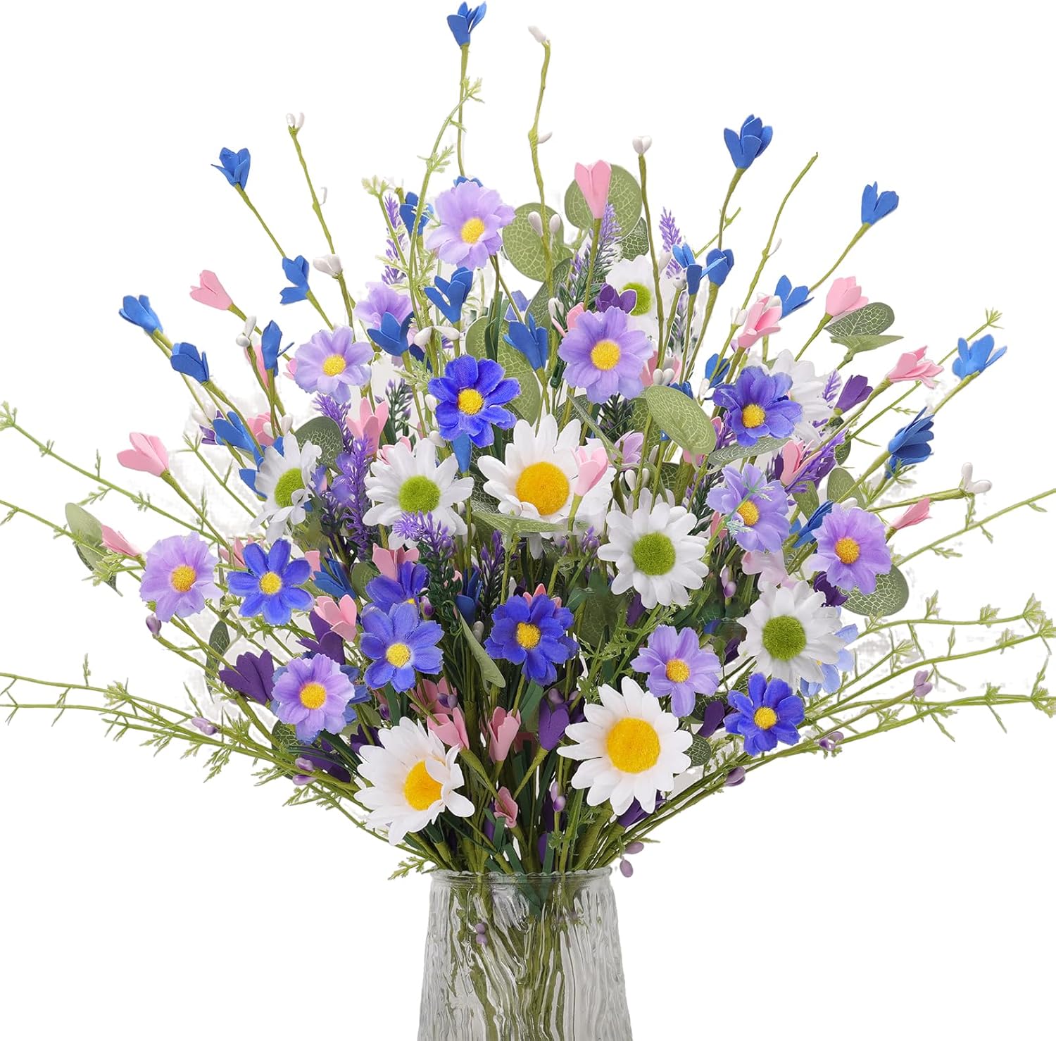Artificial Spring Flowers 12 Pack Floral Picks 17 Inch Spring Floral Stems with Green Leaves White Blue Purple Daisy Forsythia for Flower Arrangements Centerpieces Indoor Decorations