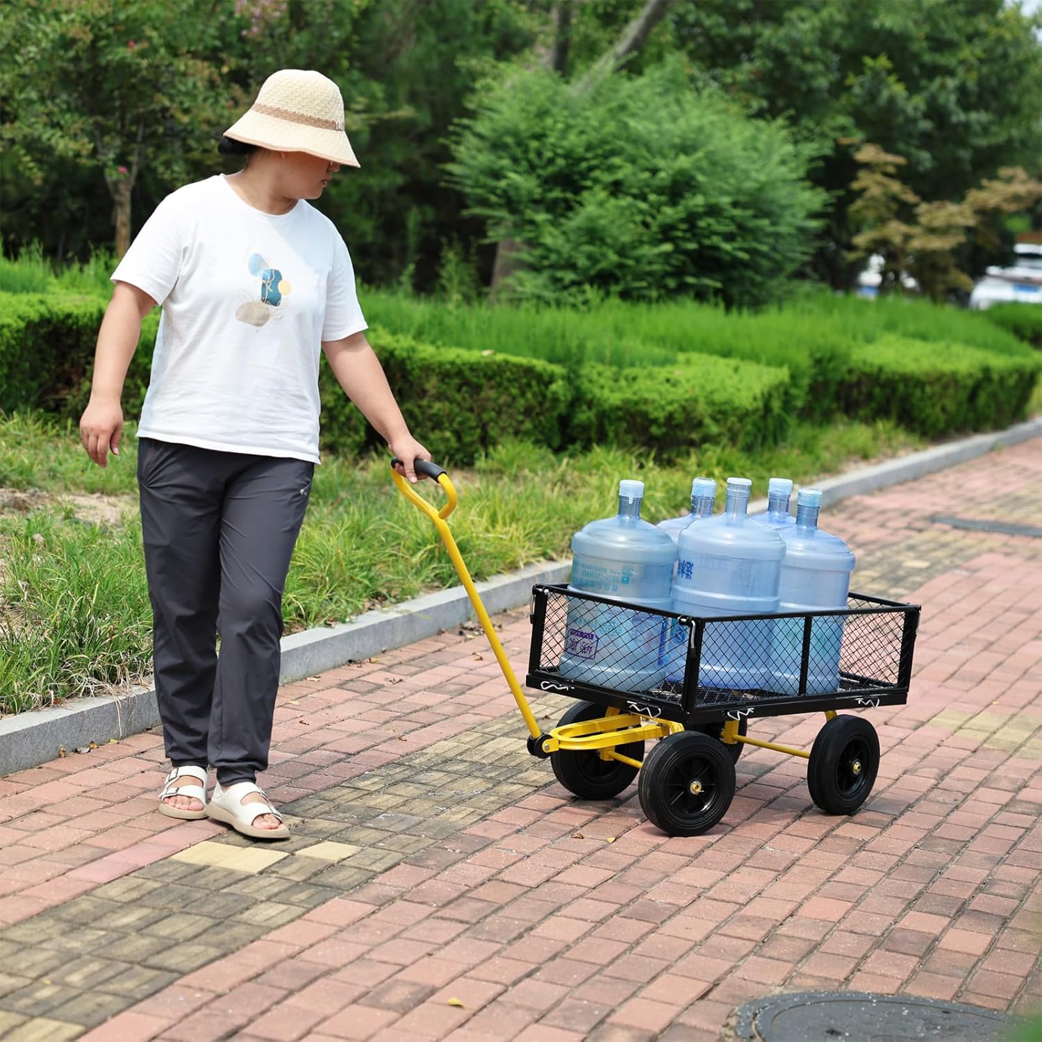 Solid Wheels Tools cart Wagon Cart Garden cart Trucks Make it Easier to Transport firewood(Black +Yellow Solid Wheels Wagon cart)