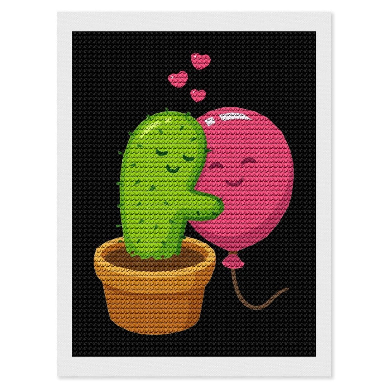 Nclqvjxzkhw Style Cute Cactus And Balloon Hug Diamond Art Painting For Adult Round Diamonds Pictures Arts Crafts Home Wall Decor 12"X16"