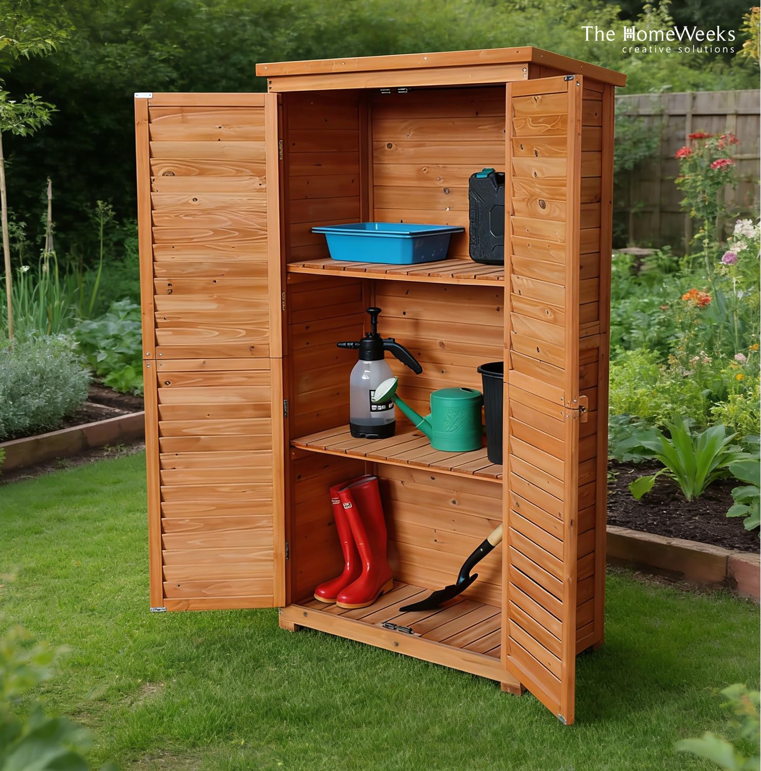 The Homeweeks Cobertizo Armario Jardín IRATI | Madera Tratada Maciza | 87 * 46 * 160cm. | Armario Multiusos | Impermeable | para Almacenamiento de Herramientas y Accesorios de Jardin | Doble Puerta.