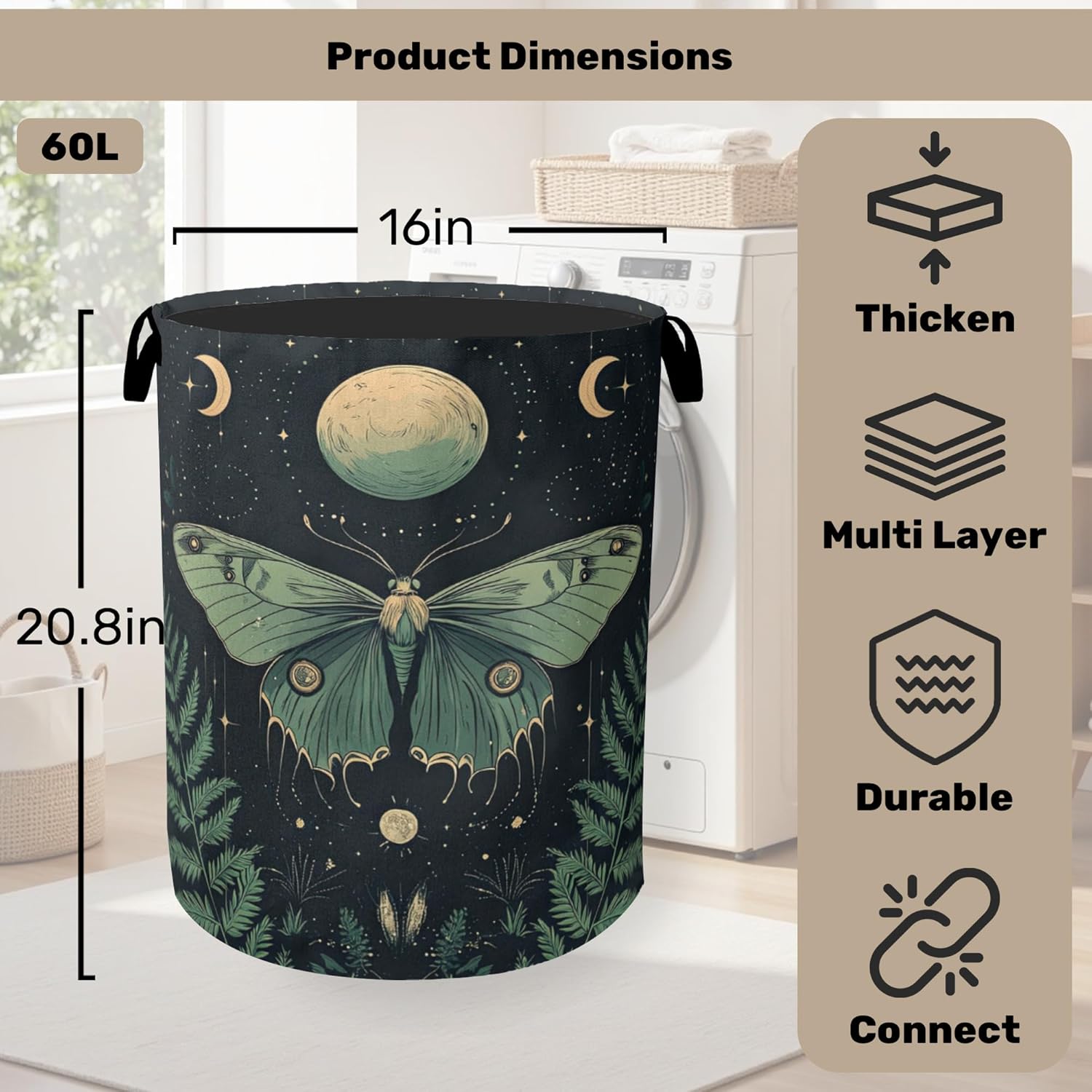 Gothic Moon Moth Foldable Laundry Hamper - Waterproof Fabric Storage Basket with Handles, Clothes Hampers for Laundry,Bedroom,Dorm
