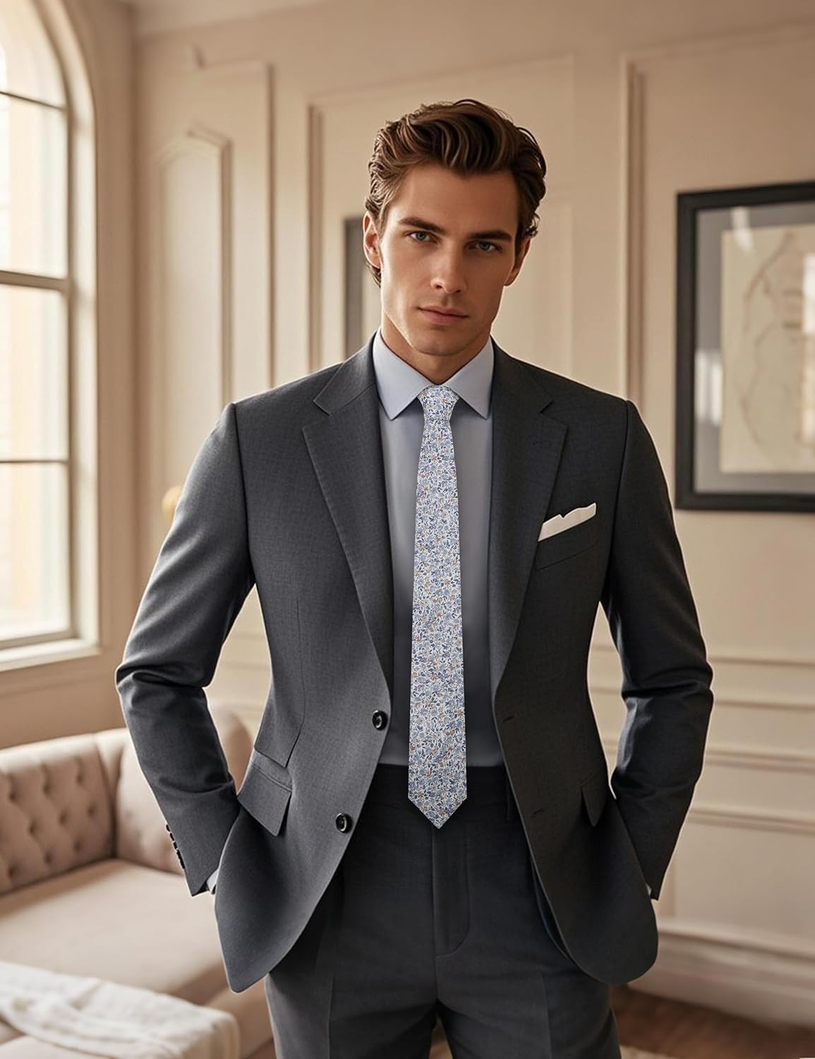 Floral Ties for Men Flower Tie and Pocket Square Set for Spring Wedding