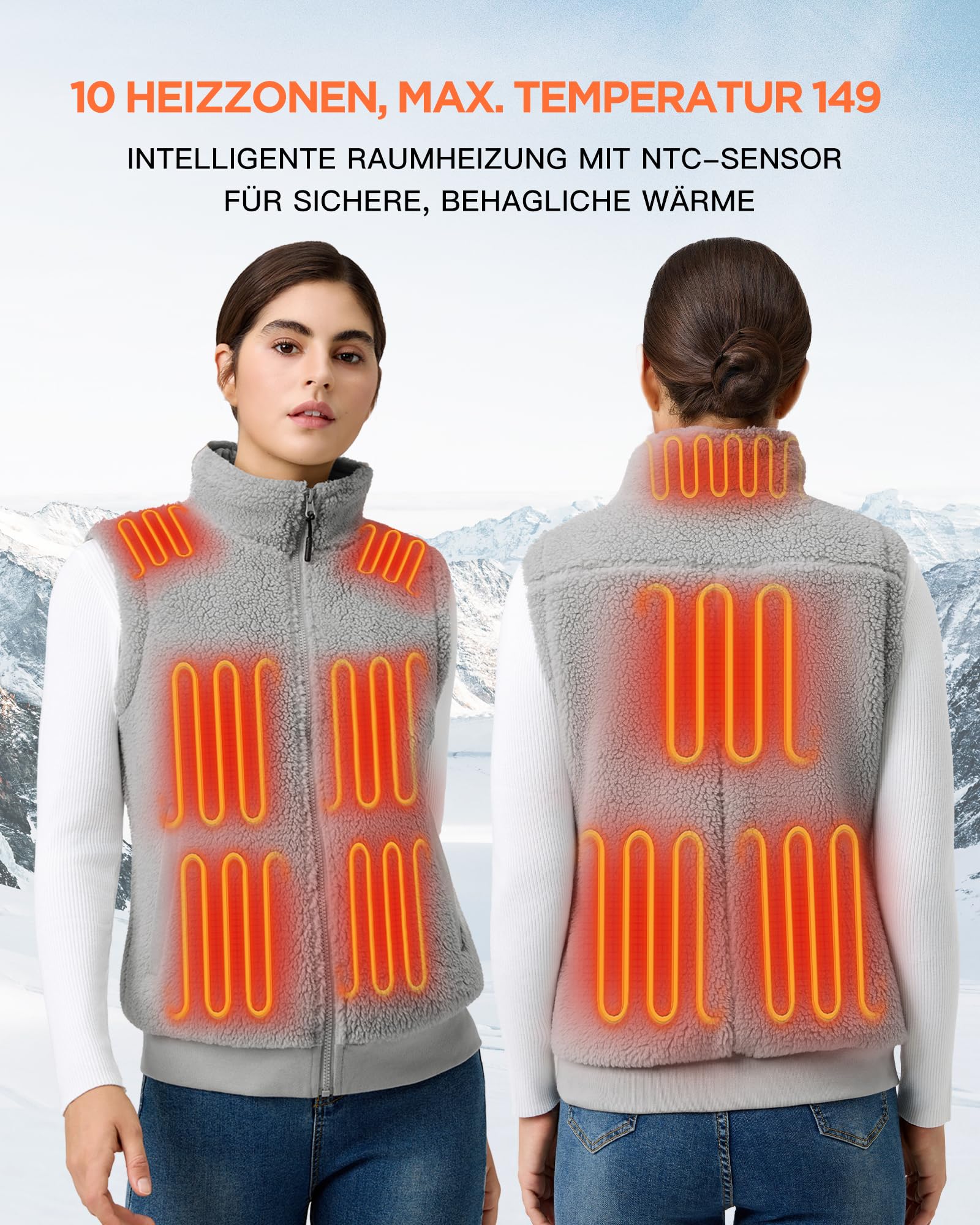 Topdot Fleece Heizweste Damen mit Powerbank 7.4V 16000mAh, 10 Heizzonen | Leicht Beheizbare Weste mit 3 Temperaturstufen, Geschenk für Radfahren, Camping, Outdoor-Arbeit im Winter, grau L