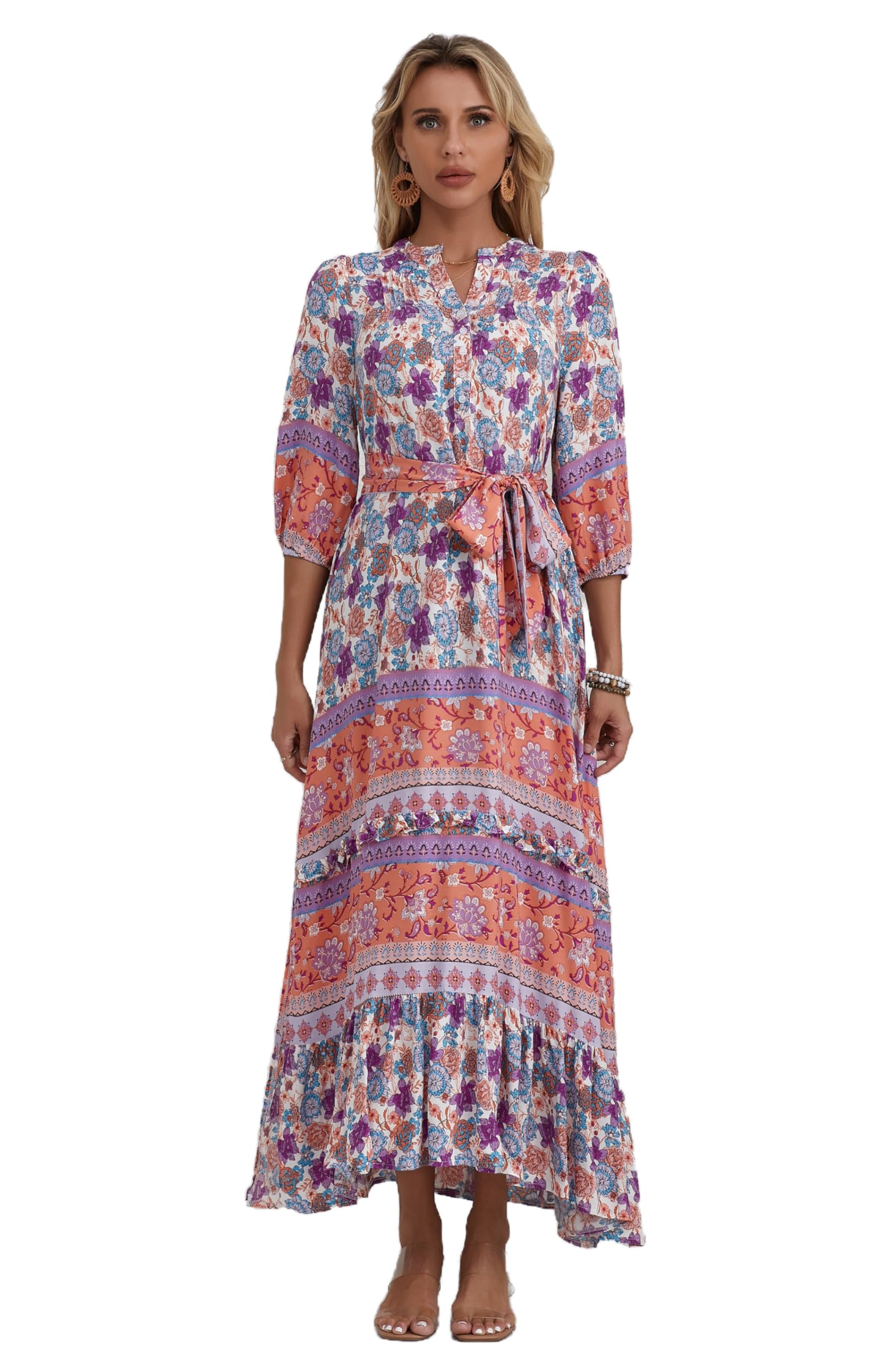 Women Boho High-Waist Floral Print Maxi Dress 3/4 Sleeve Casual | Soft Rayon, Breathable, Quick-Dry. High-Waist with Adjustable Belt, Flattering Hem. Ideal for Beach, Work &amp; Dating.