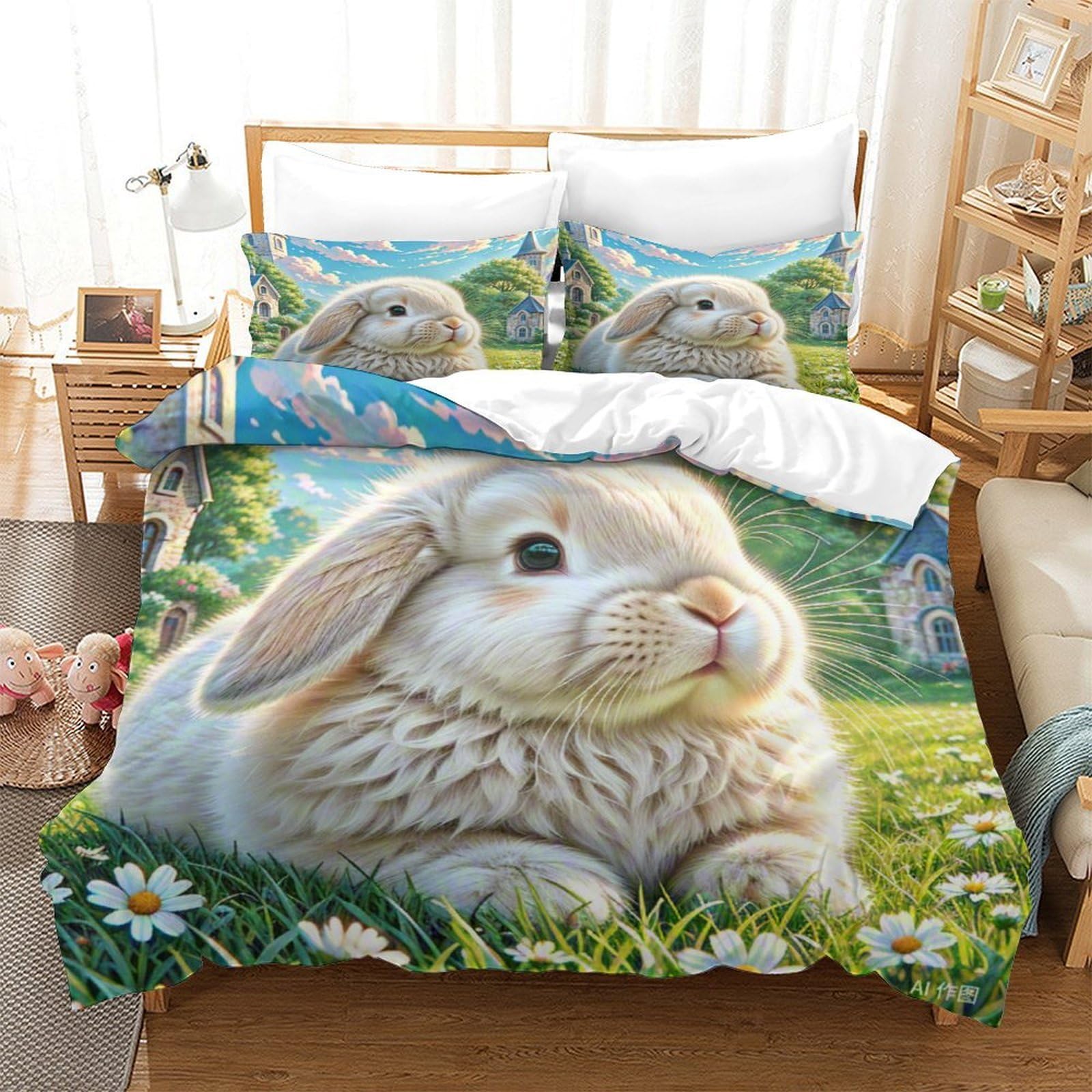 Housse de couette lapin 260x220 cm en microfibre douce anti-plis avec taie d'oreiller