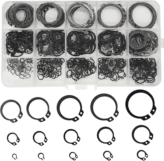 WeqeYent 350pcs M4-M28 Black 65Mn Steel External Circlips Snap Retaining Rings, 15 Sizes Black C-Clip Retaining Clip Ring Assortment Set