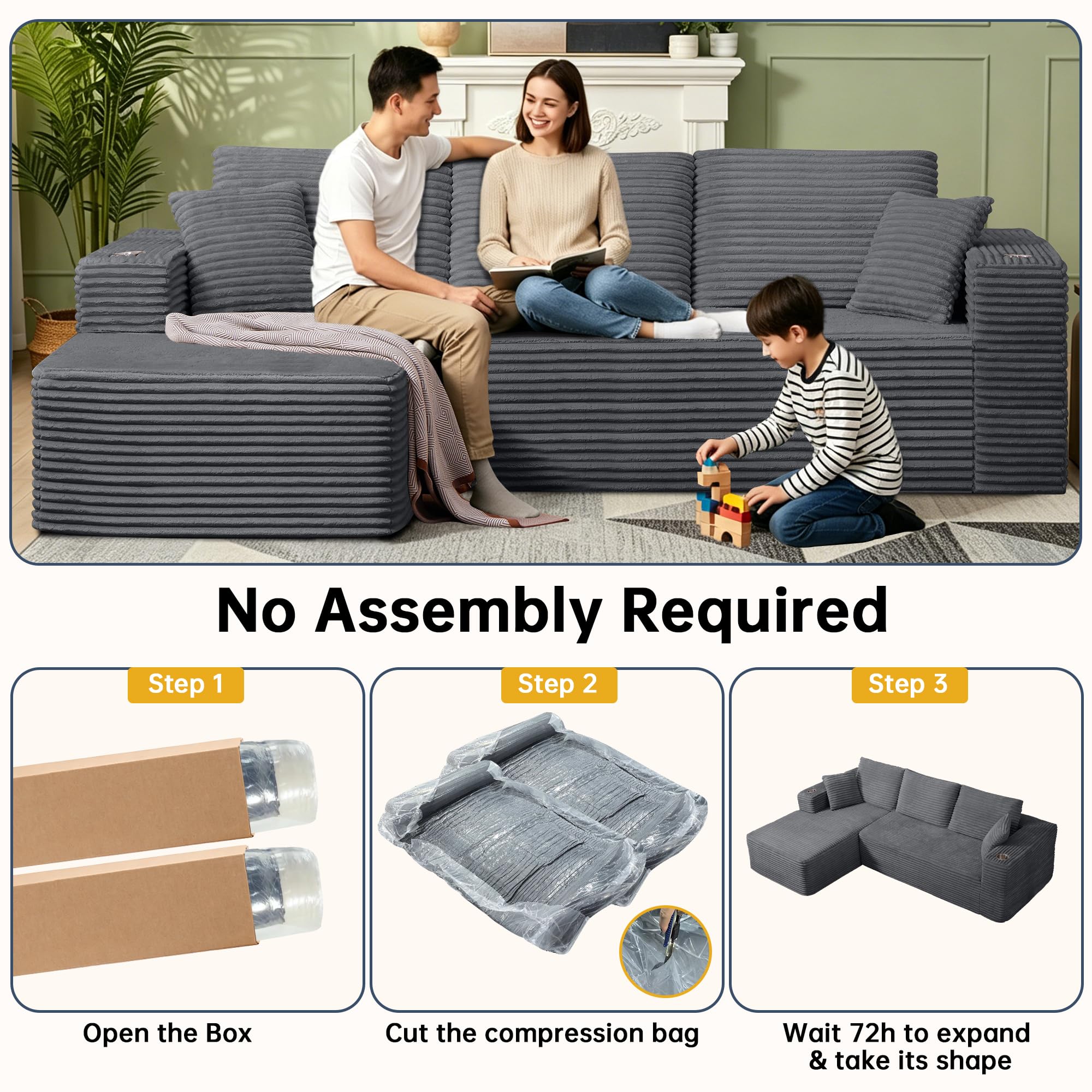 Divano Modulare a Forma di L Divano ad Angolo Divano Letto, Boneless Couch con Portabicchieri, Liberamente Componibile Divano a 3 Posti 4 Posti Sofa Soggiorno Appartamento 261x146x60cm, Grigio