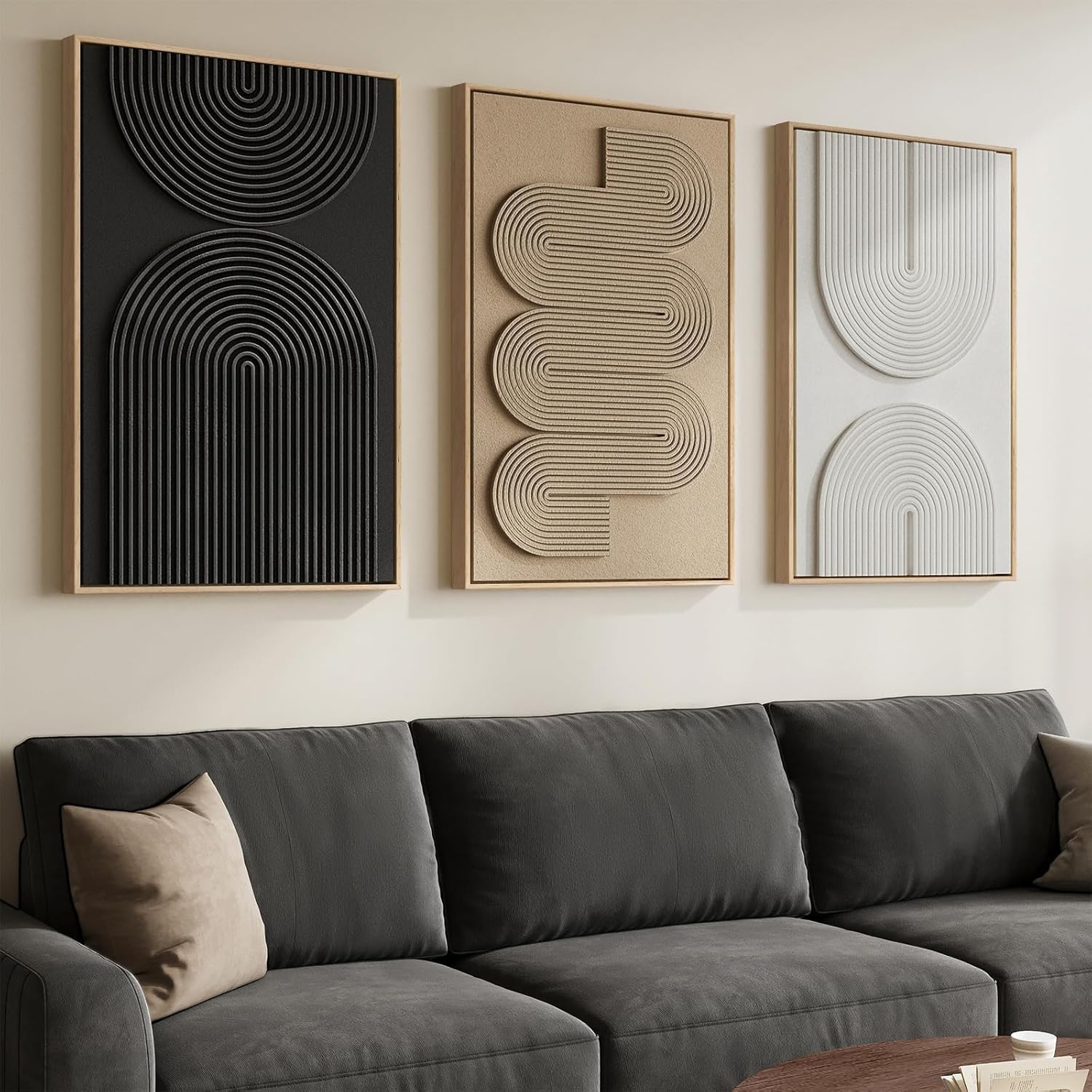Large 3D Textured Framed Boho Neutral Abstract Wall Art, Set of 3 Modern Paintings Artwork for Walls, Black White Brown Minimalist Geometric Pictures for Living Room, Entryway, Dining Room Wall Decor 20" W x 30" H x 3Pcs Monochrome