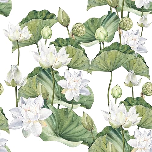 VEELIKE Vintage White Lotus Floral Peel and Stick Wallpaper Boho Water Lily Floral Contact Paper for Cabinets Walls 17.7''x354'' Removable Self Adhesive Flower Wallpaper for Bedroom Bathroom Renters