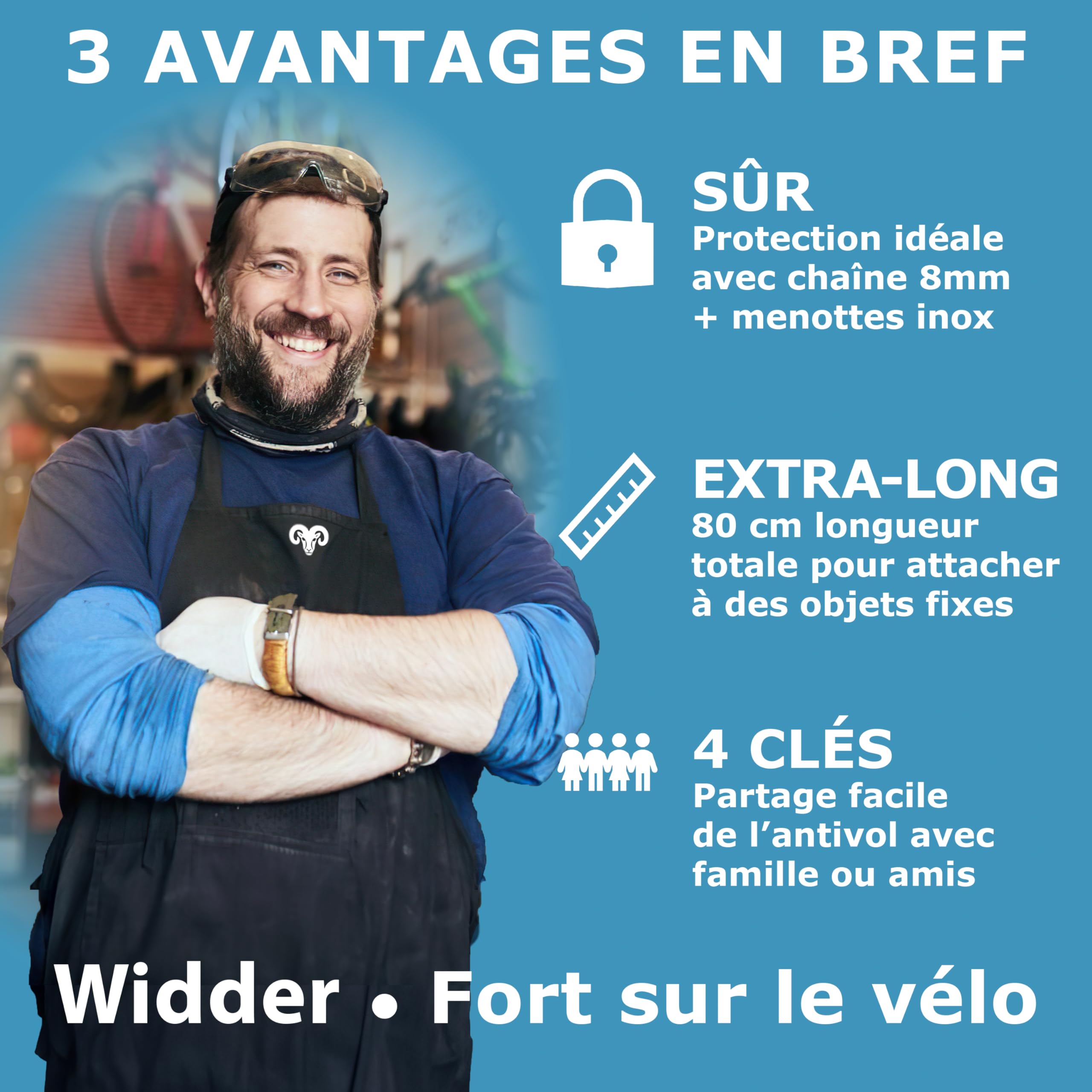 WIDDER Antivol à menottes sécurisé – 80 cm, 4 clés, acier massif 8 mm | Antivols pour e‑trottinette avec sac – Antivol à menottes pour e‑trottinette & vélo – Anti vol velo haute sécurité