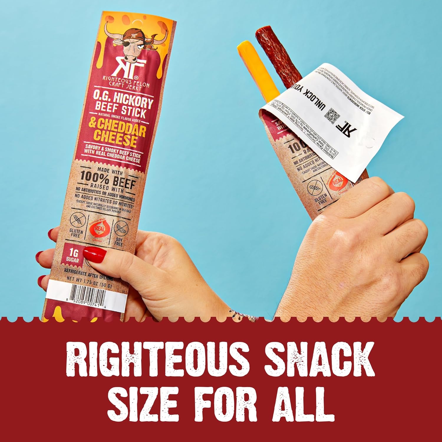 Righteous Felon O.G. Hickory Beef & Cheddar Cheese Sticks, 14g Protein, Shelf Stable Meat and Cheese Snack, 100% Grass-Feed Beef, Individually Wrapped Gluten & Soy Free Snack, 10 Combo Sticks