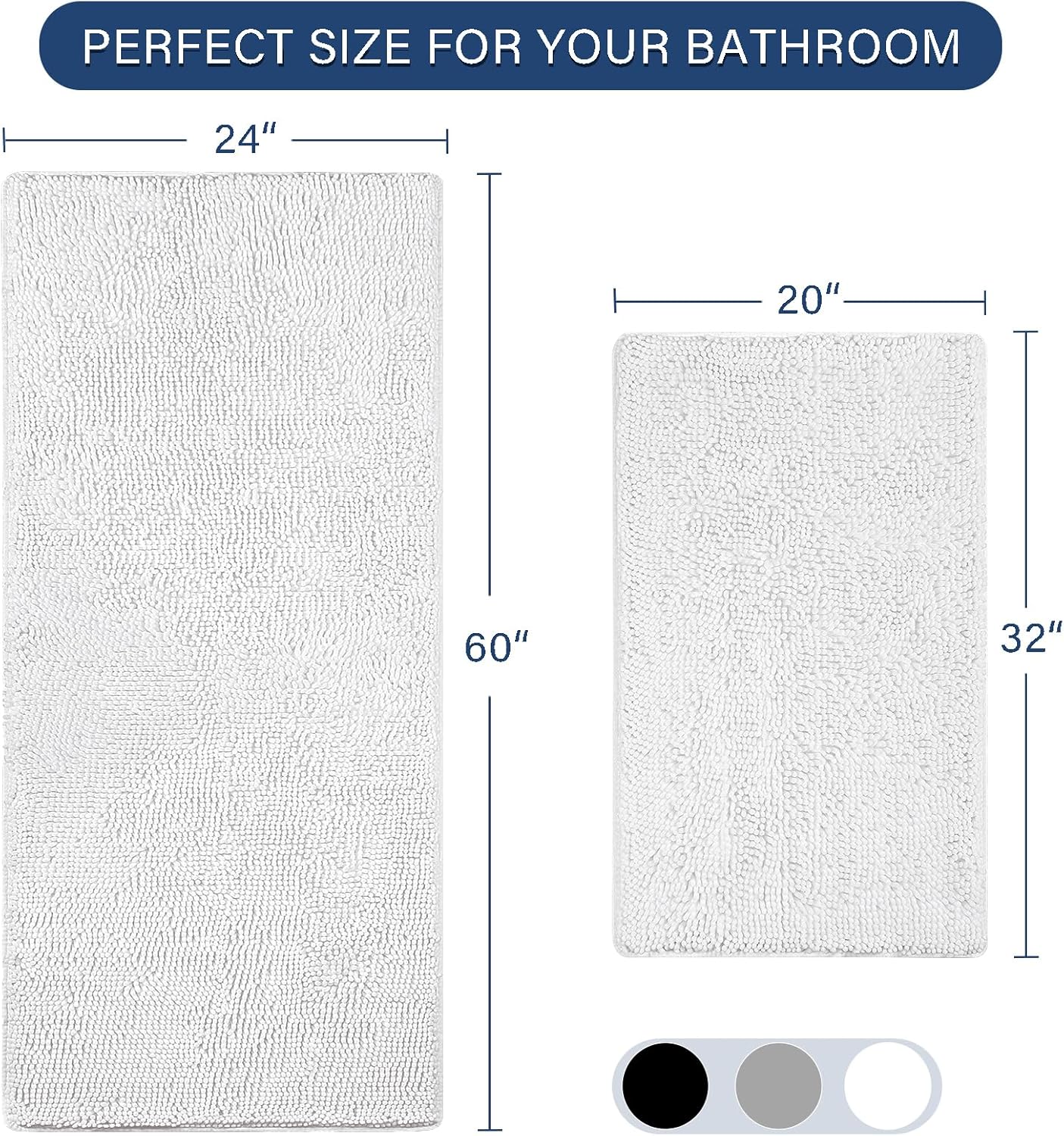 LOCHAS Bathroom Rugs Sets 2 Piece, 20 x 32 Plus 24 x 60 Inches Thick Non Slip Bath Rug Set, Absorbent Soft Chenille Bath Rug, Machine Washable Quick Dry Bath Mat for Bathroom Floor, White