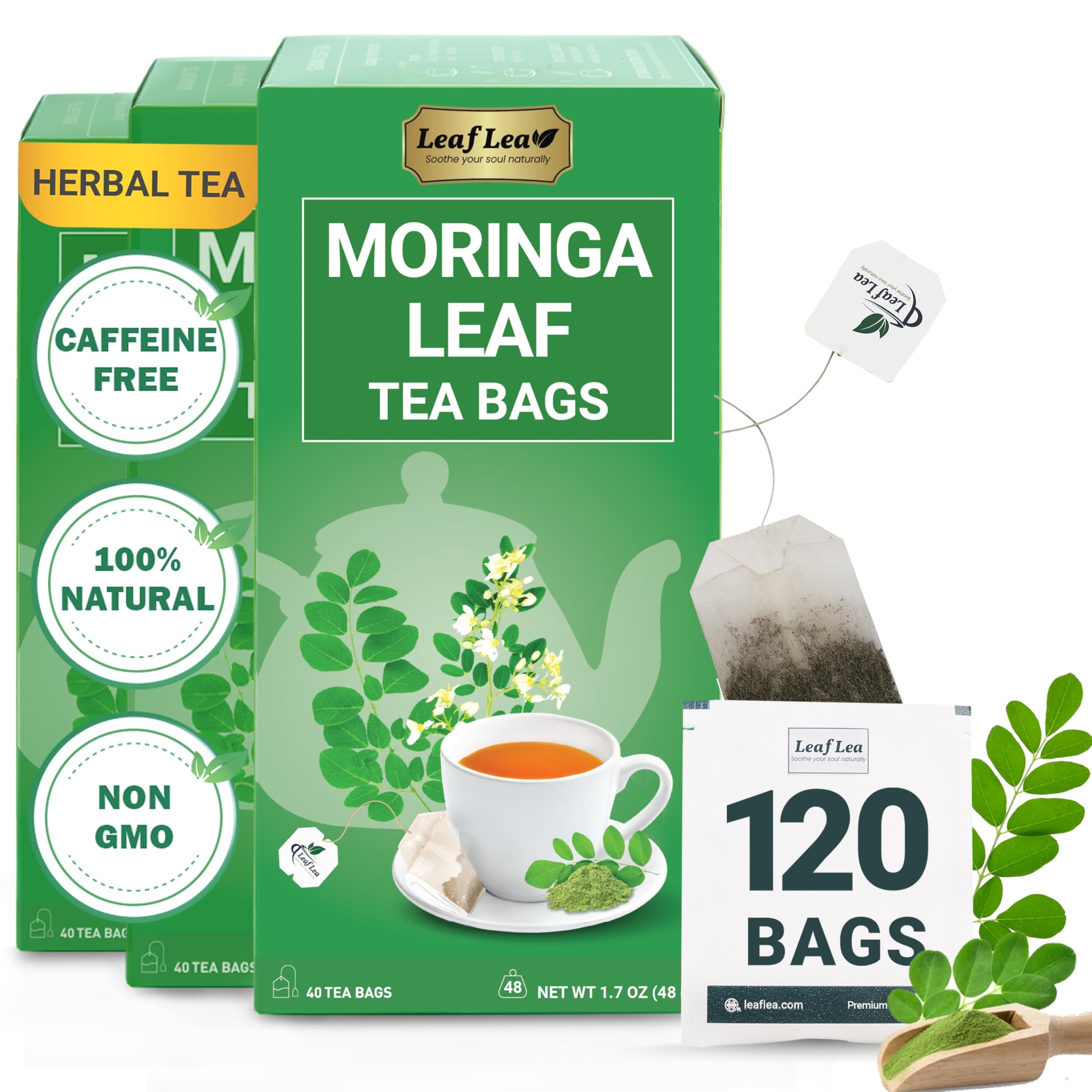 LeafLea Moringa Tea, 120 Fresh-Sealed Tea Bags, Premium Herbal Blend from 100% Natural Moringa Leaves, Supports Digestion & Immune Health, Caffeine-Free, Sugar-Free, Vegan, Non-GMO