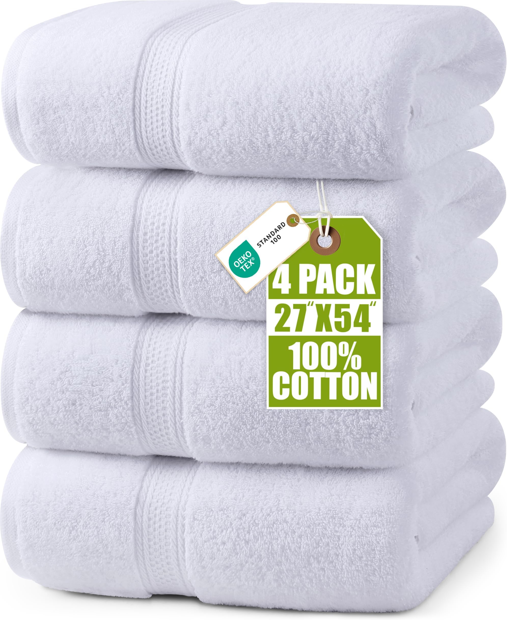 Utopia Towels 4 Pack Premium Bath Towels Set, 27 by 54 Inches, 100% Ring Spun Cotton 600GSM, Lightweight and Highly Absorbent Quick Drying Towels, Perfect for Daily Use, White