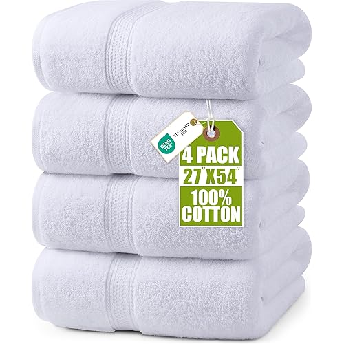 Utopia Towels 4 Pack Premium Bath Towels Set, 27 by 54 Inches, 100% Ring Spun Cotton 600GSM, Lightweight and Highly Absorbent Quick Drying Towels, Perfect for Daily Use, White