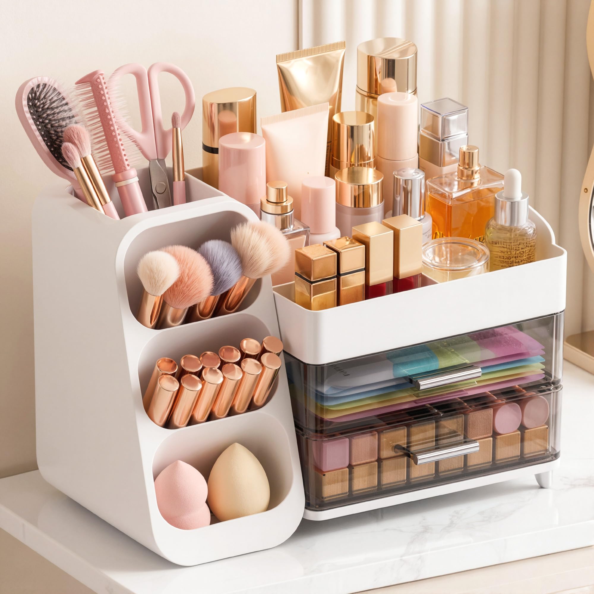 Photo 1 of Large Capacity Makeup Organizer Countertop with Makeup Brush Holder for Vanity, Thickened Material, Bathroom Countertop Organizer Skin Care Perfumes Storage, Teen Girl Gifts for 12-23 Year?white?