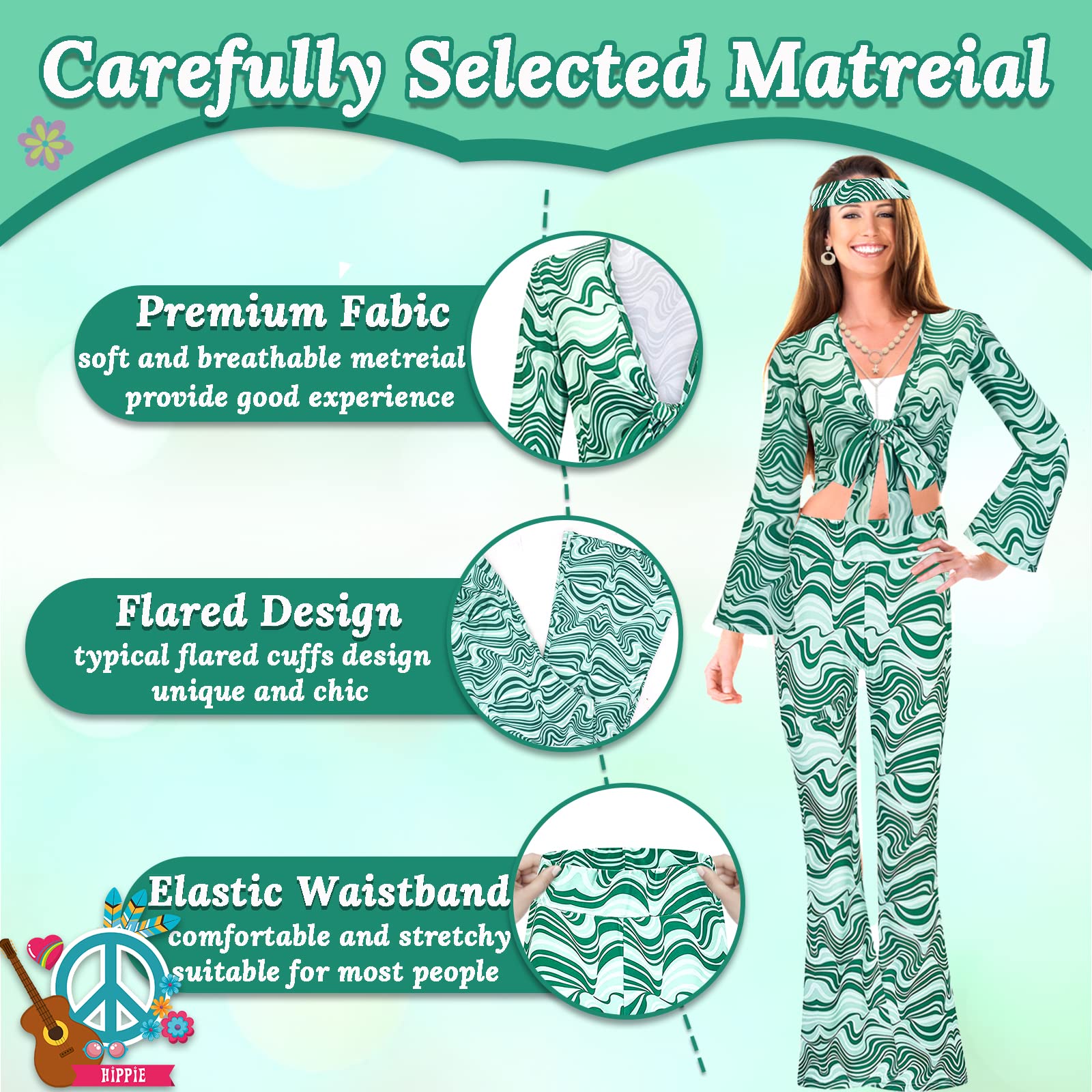 60/70s Disco Fancy Dress for Women 1970s Hippie Costume Outfit with Flared Top Trousers Headband Necklace Earrings Bracelet Waist Chain Glasses Hippy Style Clothes for Ladies Dress Up Retro Party - Image 4