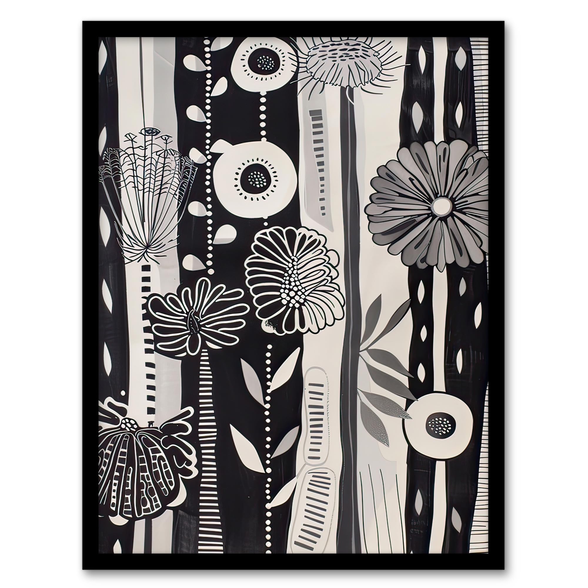 Black White Striped Wildflowers Framed Art Print - Artery8 - A4 Size