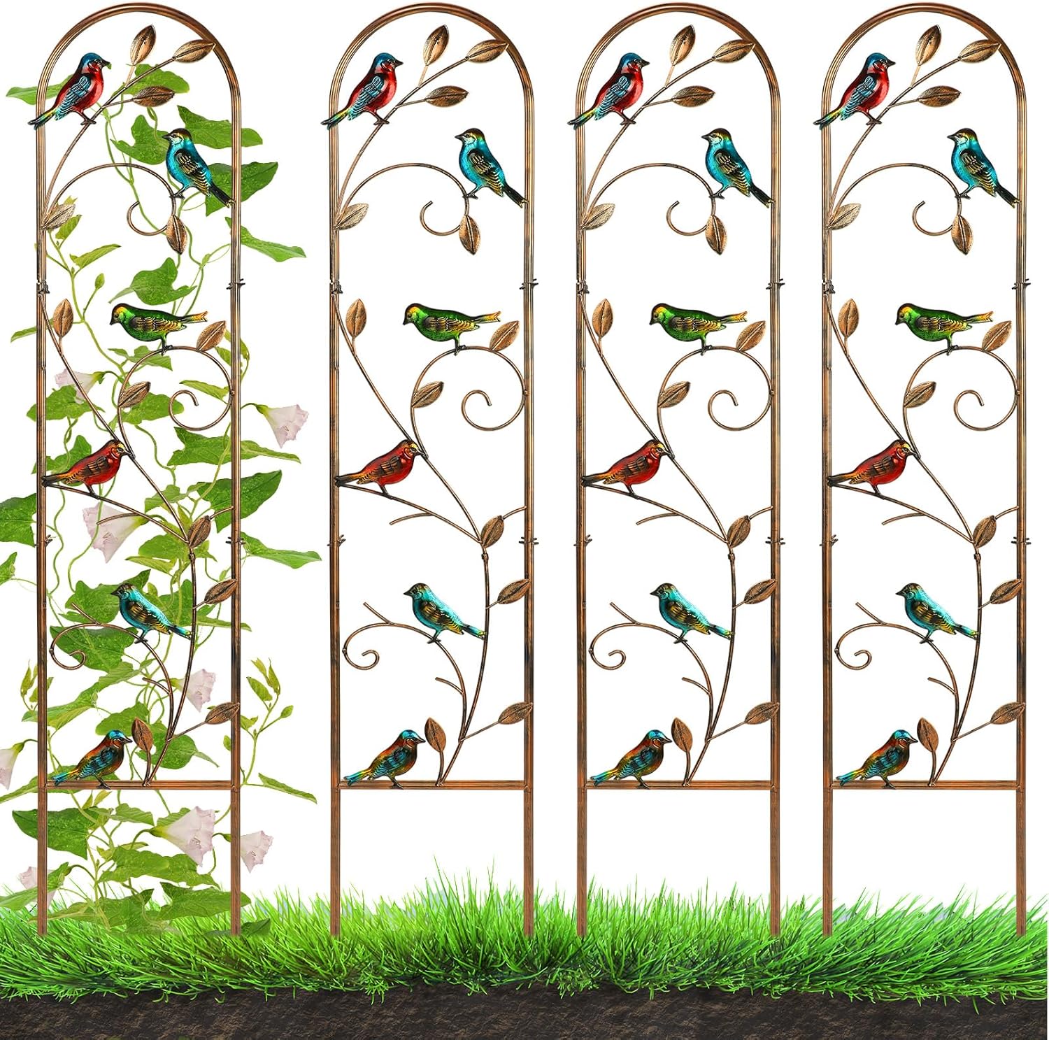 Blulu 4 Pack Metal Garden Trellis for Climbing Plants, 60x11 Inch Detachable Rustproof Arched Fence Flower Vegetable Plant Stand for Outdoor Patio Yard Lawn Decorative(Hummingbird)