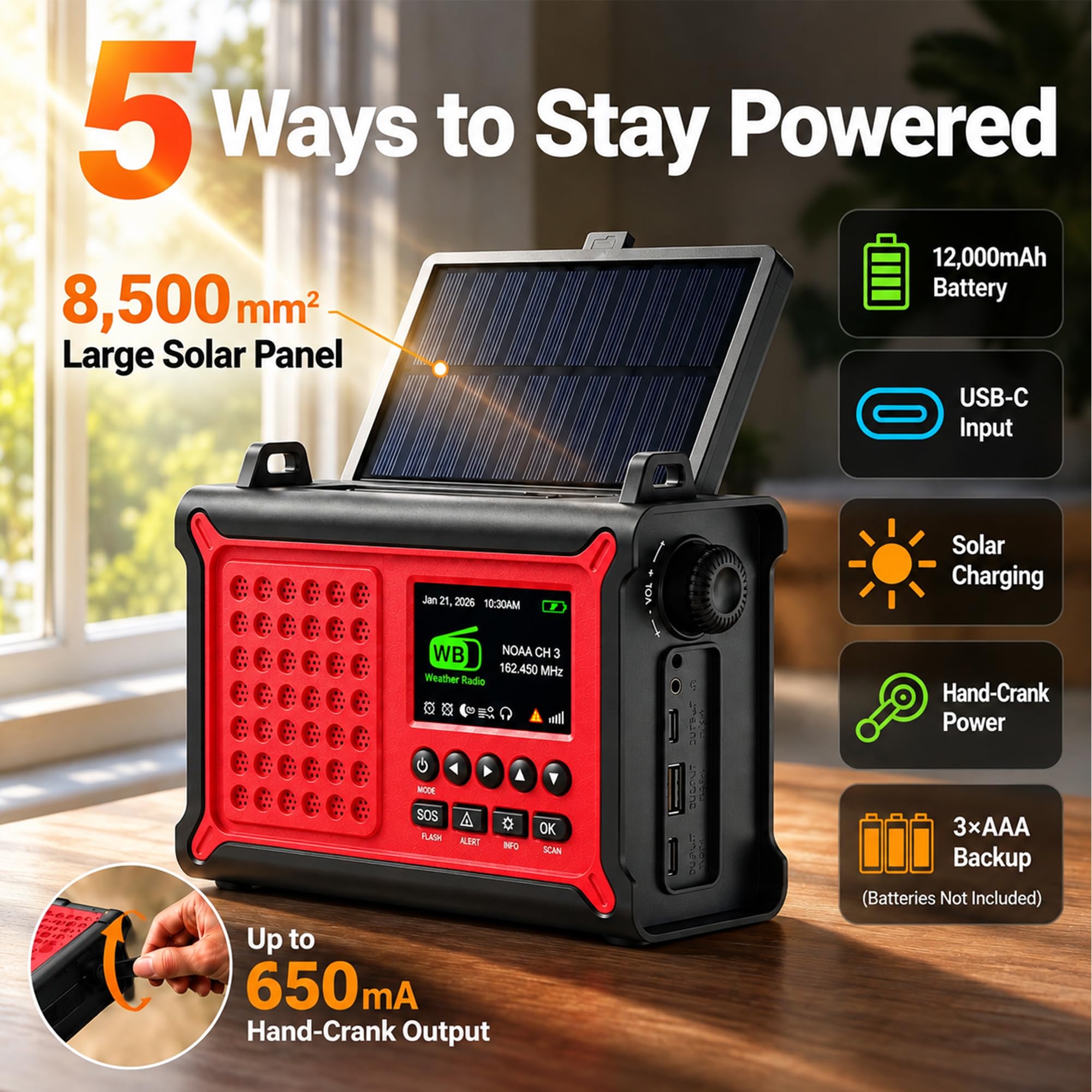 NOAA Emergency Weather Alert Radio, 12000mAh manovella solare con S.A.M.E.