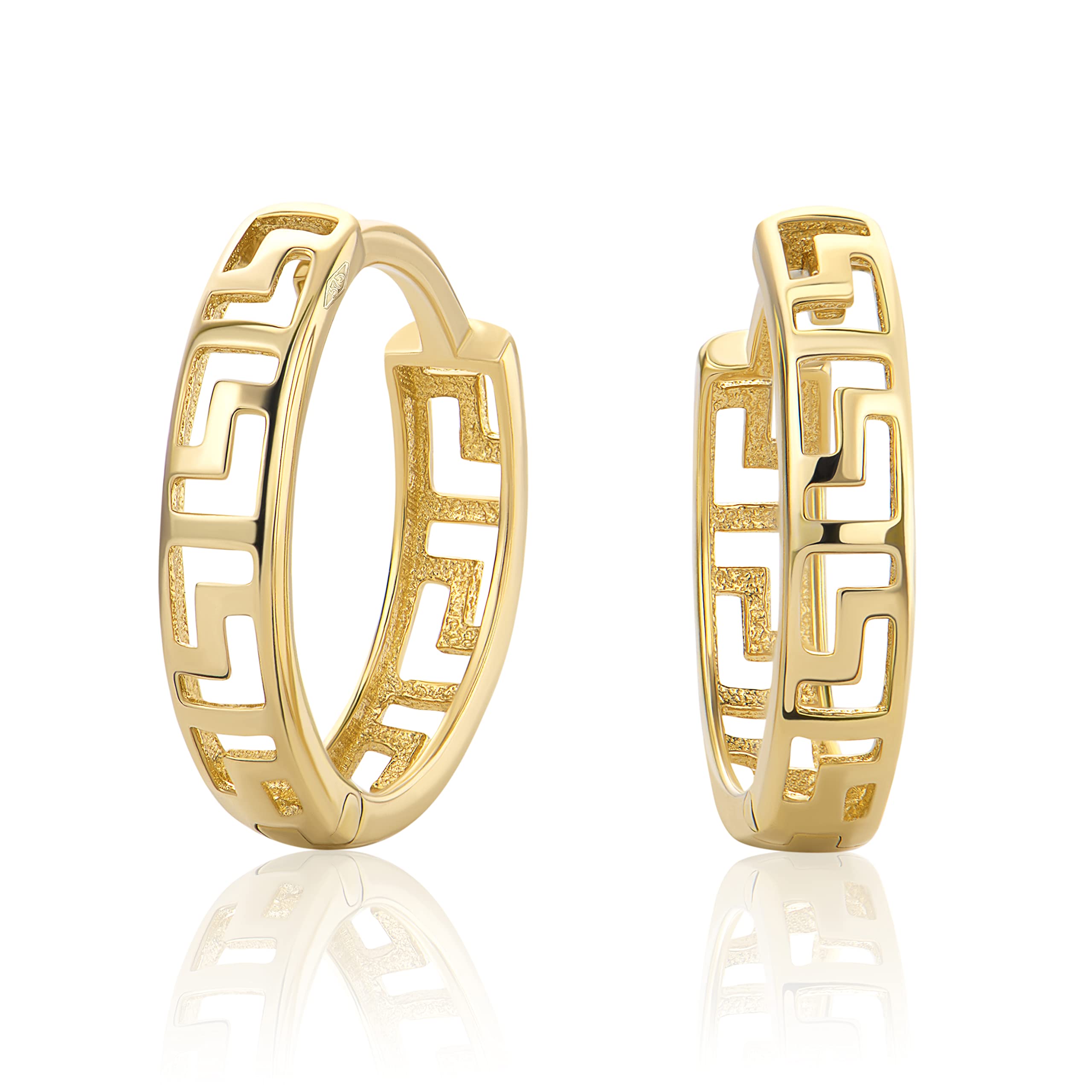 PRINS JEWELS Pequeñas llaves griegas pendientes de aro de oro amarillo de 9 quilates 375 pendientes de oro H166