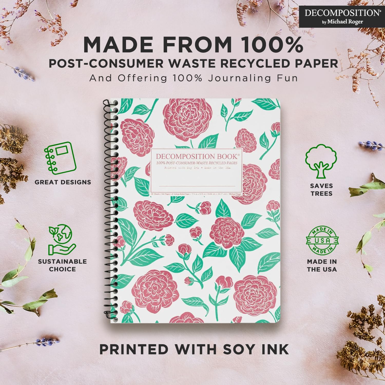 Decomposition Camellias College Ruled Spiral Notebooks – 9.75 x 7.5 Journal with 160 Lined Pages – Cute Notebooks for School Supplies, Home & Office – 100% Recycled Paper – Made in USA image 3