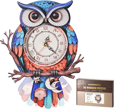 3D Wooden Owl Clock Puzzle Colorful Deep Cobalt Blue and Red Design DIY Model Kit for Teens & Adults 15+ Unique Wall & Desk Clock with Roman Numerals Gift-Ready Packaging