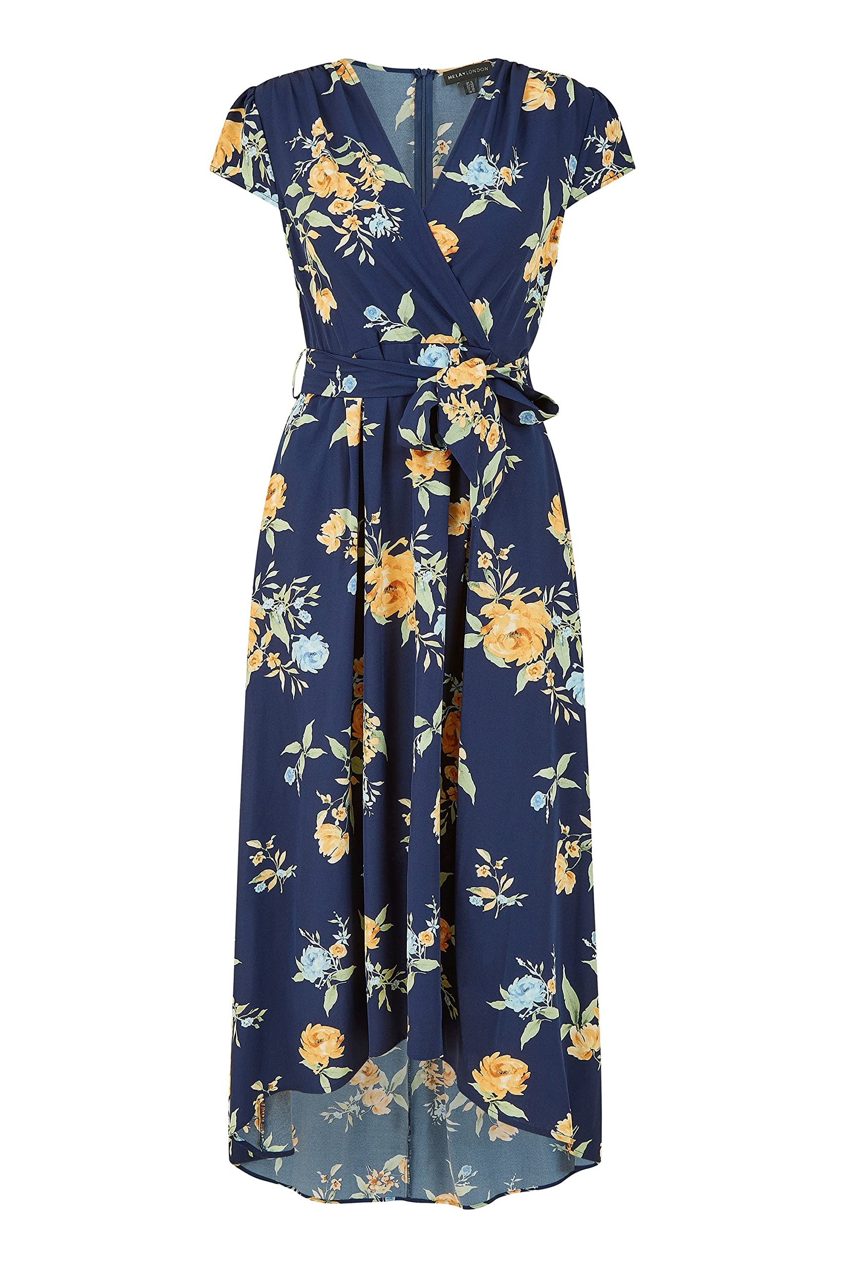 Mela London Mela Navy Floral Print Dipped Hem Wrap Dress 18 Navy