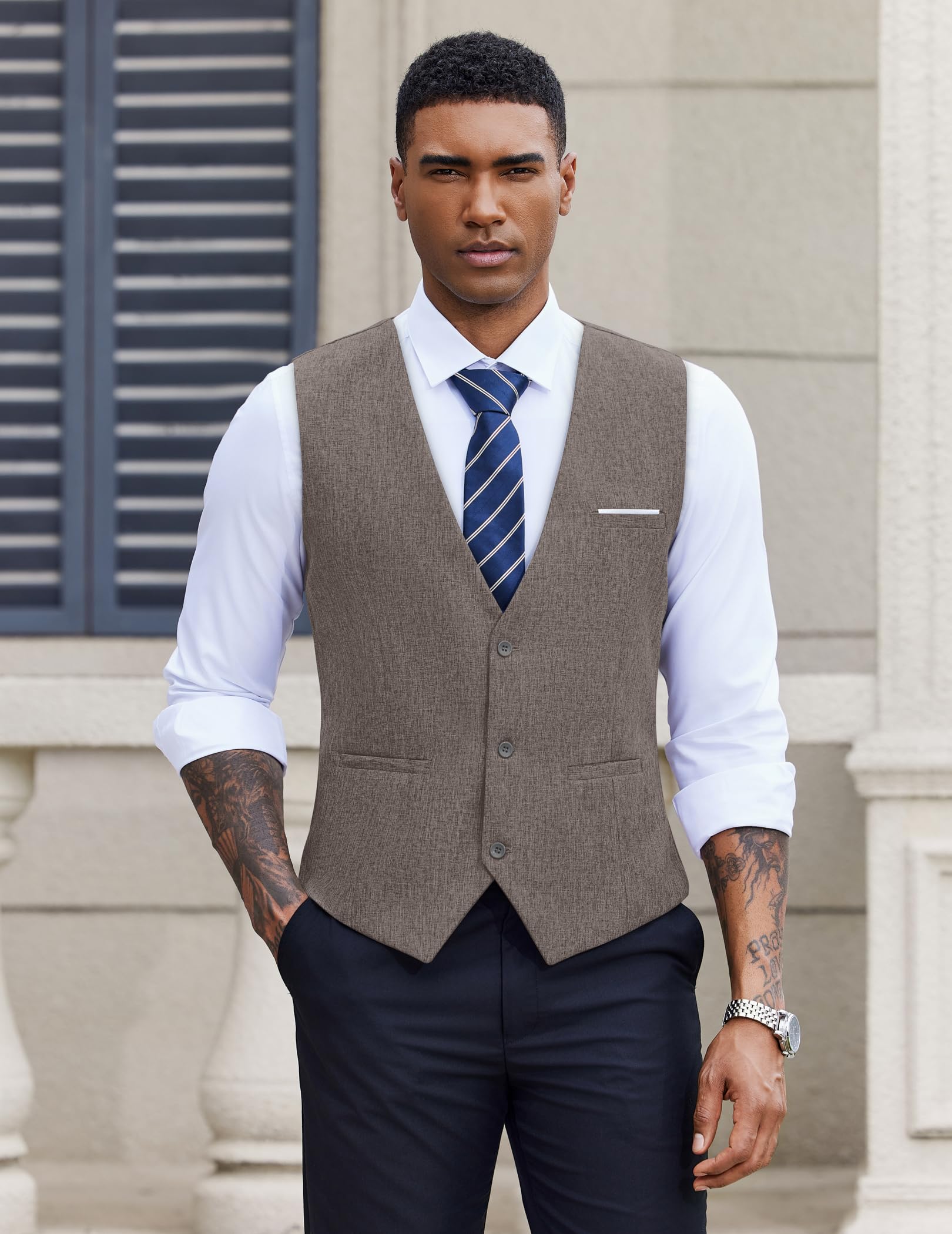 COOFANDY Men's Suit Vest V-Neck Casual Business Vests Lightweight Slim Fit Formal Dress Waistcoat for Wedding Party