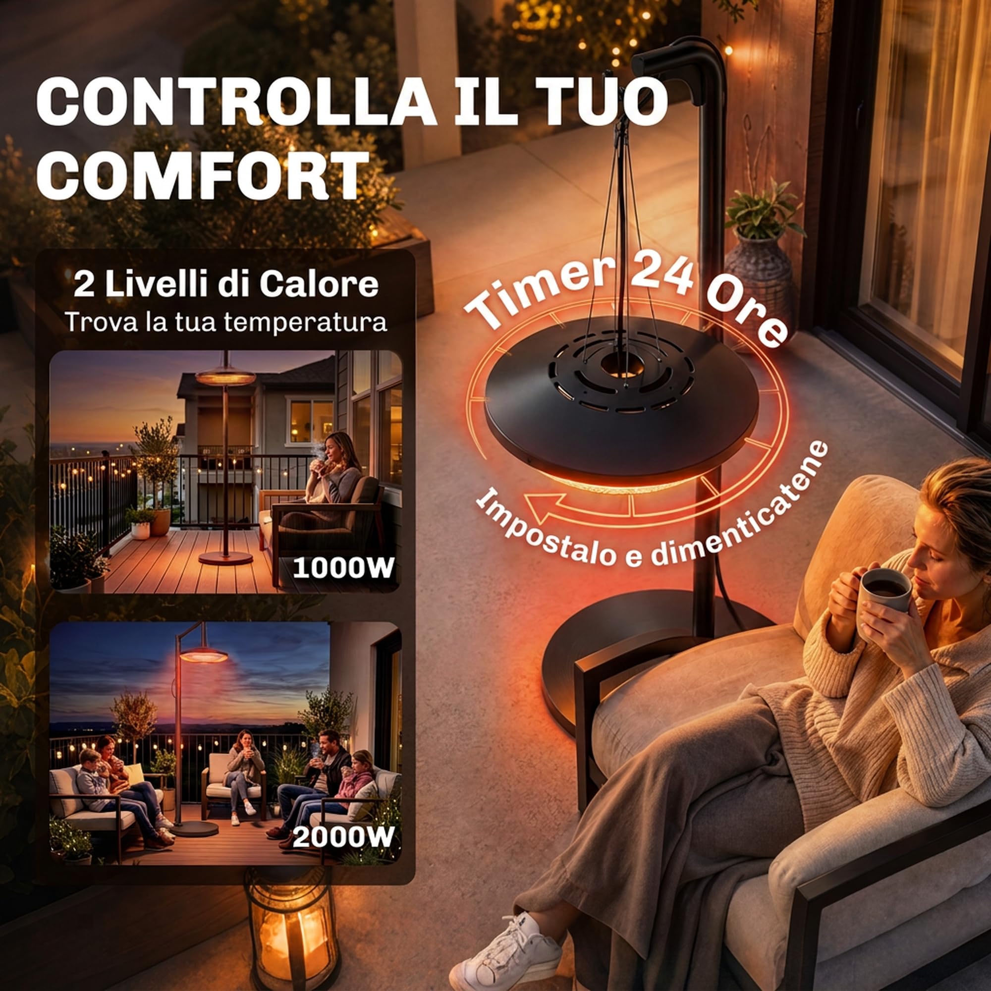 Outsunny Chauffage de terrasse électrique suspendu avec LED, 1000/2000 W, IP65, infrarouge d’extérieur, contrôle par application/tactile/télécommande, minuterie 24 h, noir