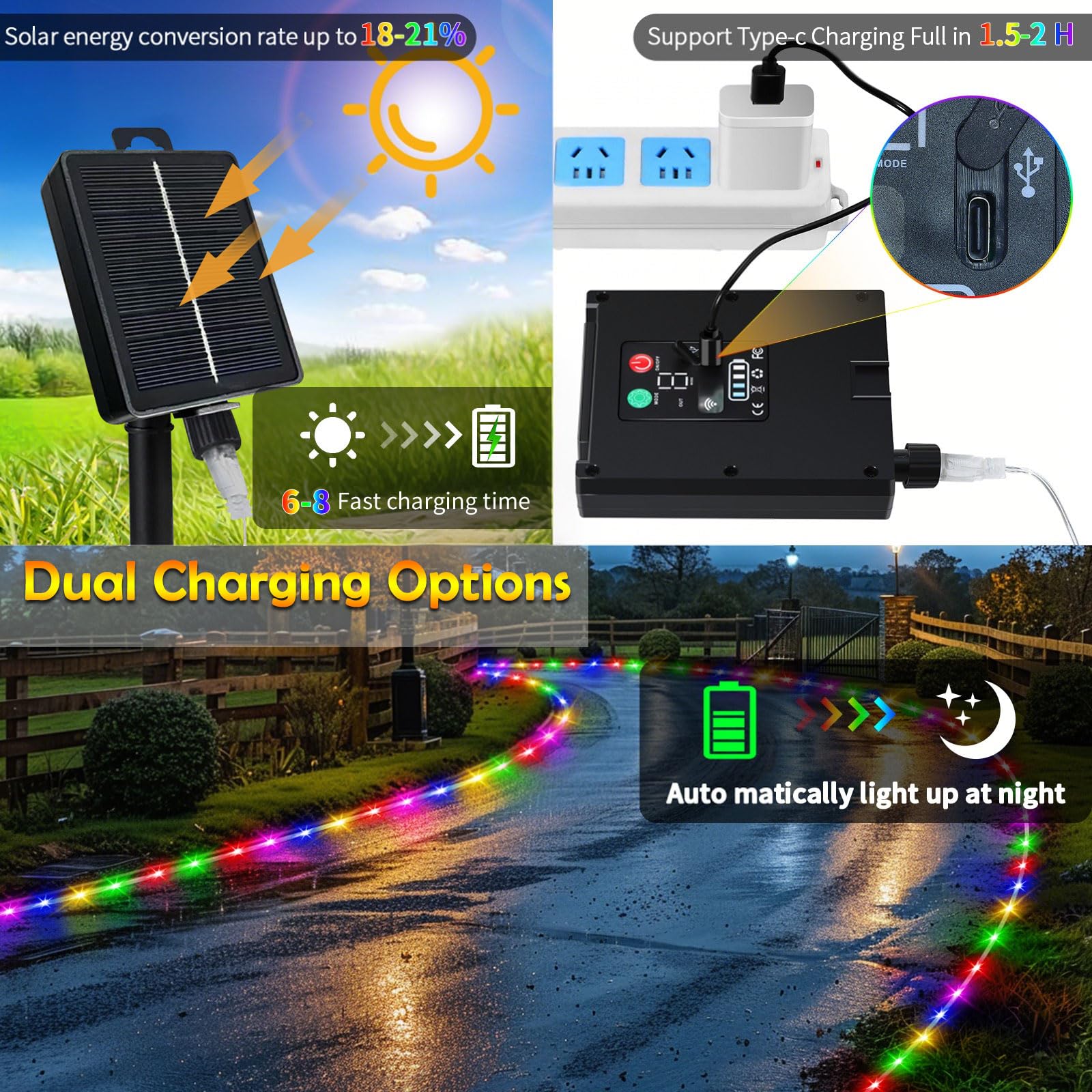 LairtPOW Paquete de 4 luces solares de cuerda de 39 pies, 100 luces LED multicolor impermeables para exteriores, control remoto, para camino, piscina, patio, jardín, palmera, Navidad, Halloween